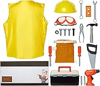 Vista 4 de BLACK+DECKER Juego de herramientas para niños, baúl de juego de simulación con caja de herramientas, chaleco de construcción y sombrero duro, juego