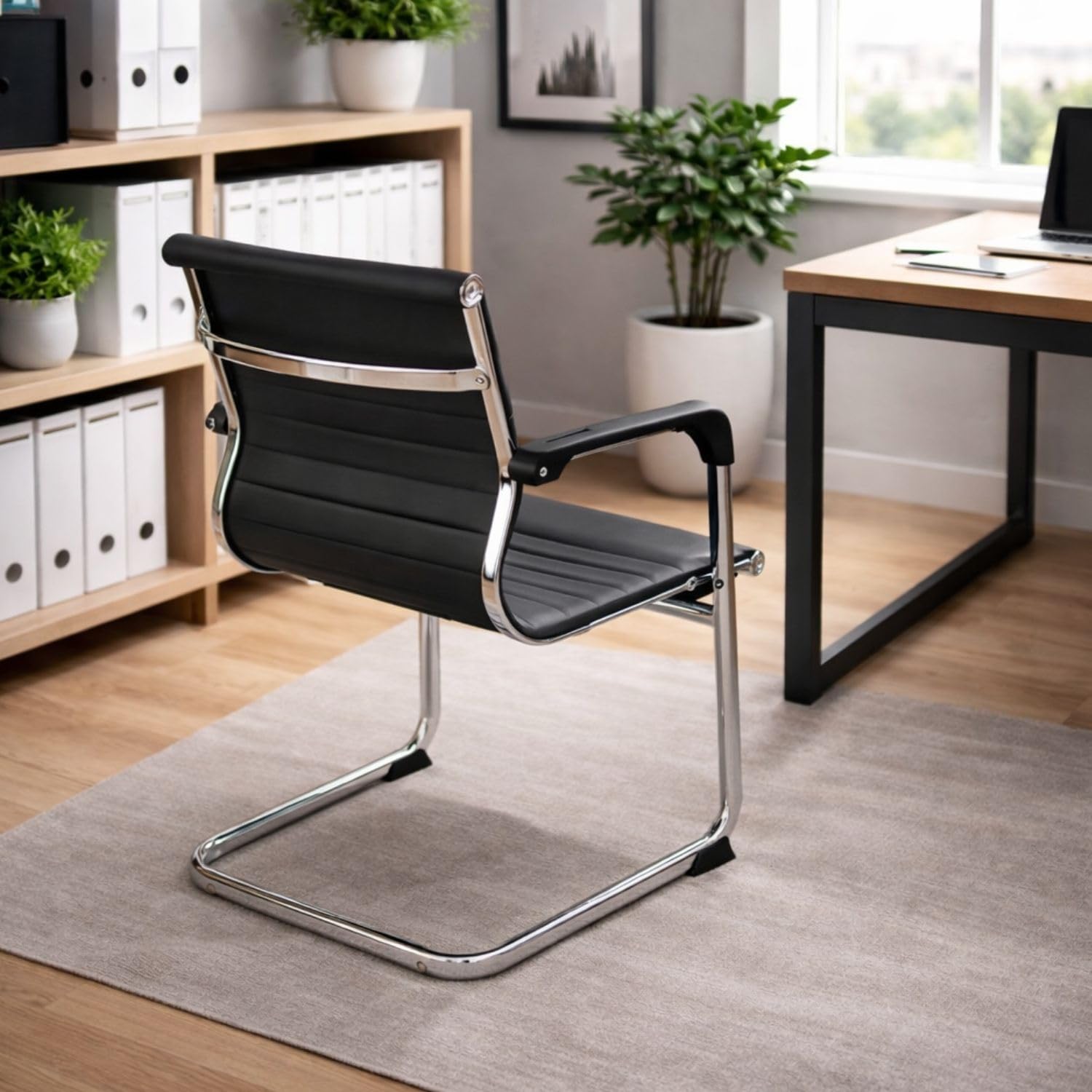 buybuy Sedia da Ufficio Professionale Ergonomica in Ecopelle e Alluminio, Design Fisso senza Rotelle, Colore Nero, 54 × 53 × 97 cm, Portata 150 kg, OC10B