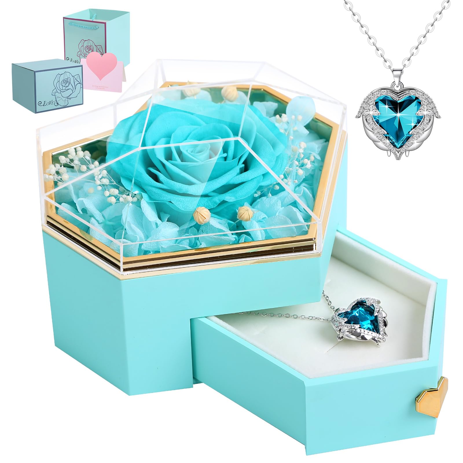 Amazon.com: Preserved Cyan Real Rose with Necklace Forever Flowers