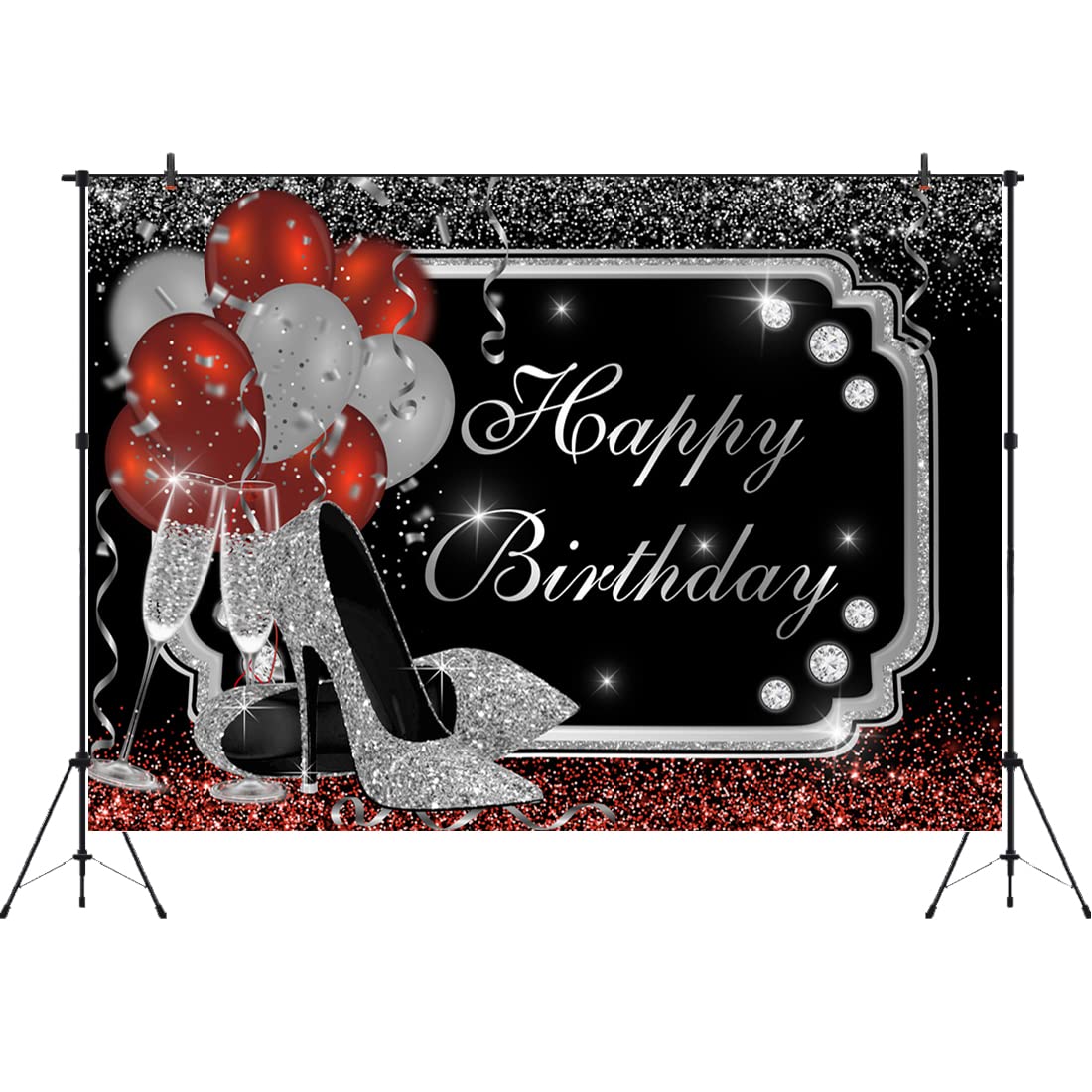 Glitzer-Fotohintergrund Von Aperturee – 2,1x1,5 M Silber Mit High Heels & Champagner – Ideal Für Mädchenfotos, Geburtstage & Studio