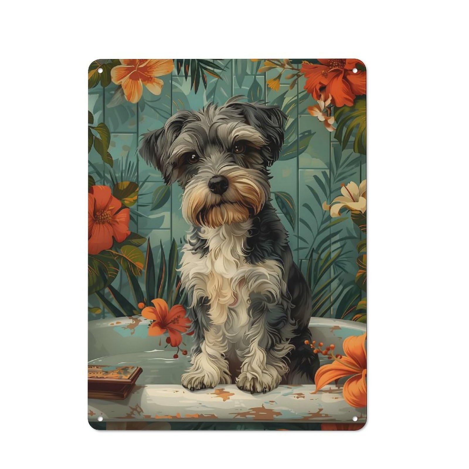 Junmoney Miniature Schnauzer Dog In Bathtub Vintage Vintage Tin Sign 40X30cm, Cafe Wall Decor For Bakery, Diner, Cafe Or Family Room