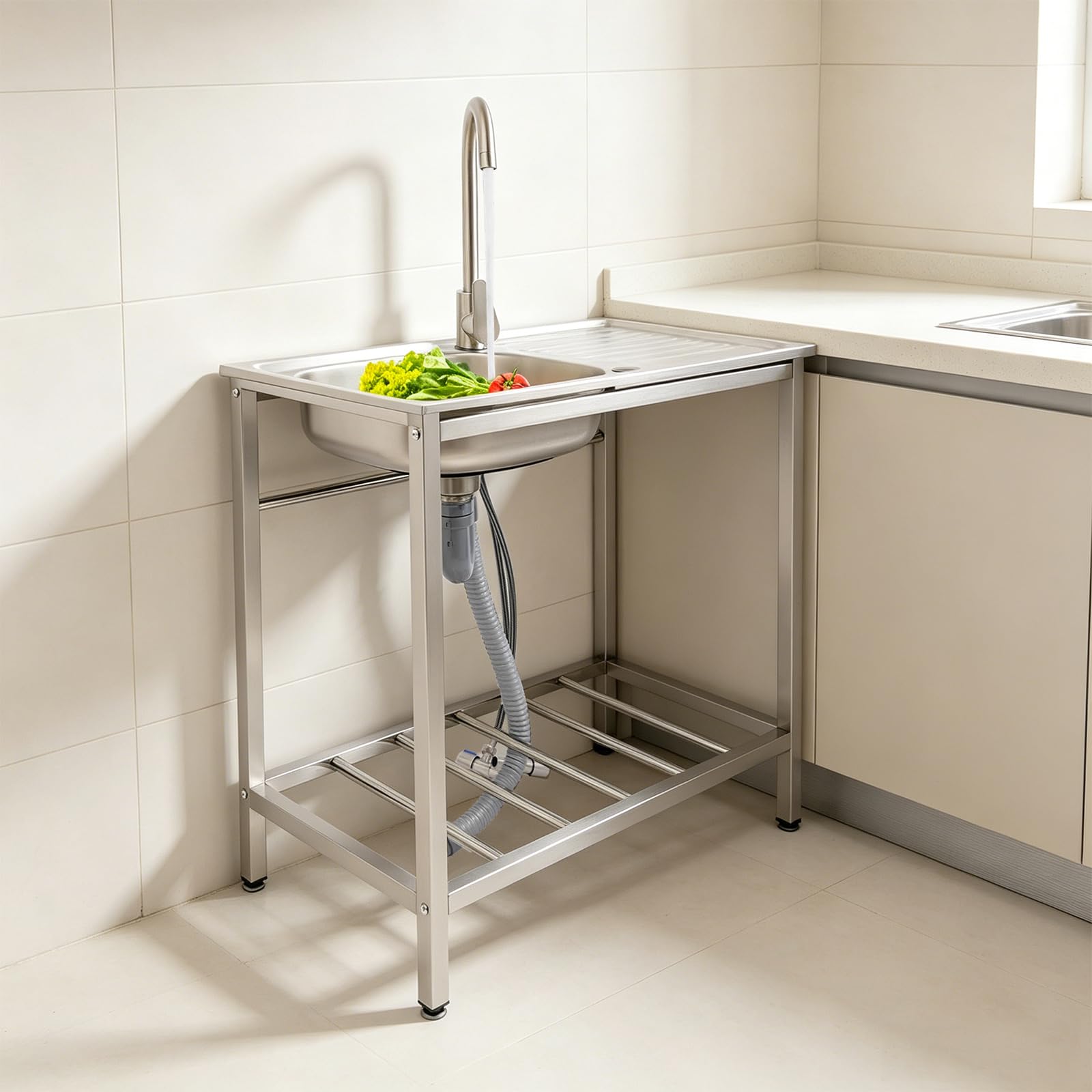 Fregadero de cocina independiente de acero inoxidable, 75 x 40 cm, con grifo | Fregadero de cocina independiente de acero inoxidable para jardín y terraza con desagüe y patas ajustables
