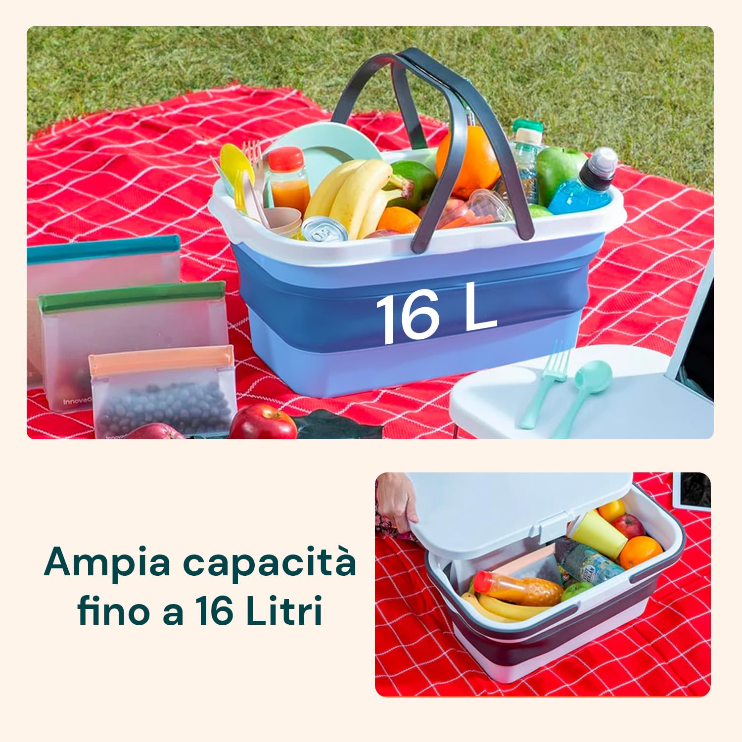 Cesta de Picnic Plegable con Superficie de Apoyo – Cesta Plegable para Playa y Camping, de Polipropileno, 16 l, Blanco y Gris, 47,3 x 9-24,5 x 29 cm