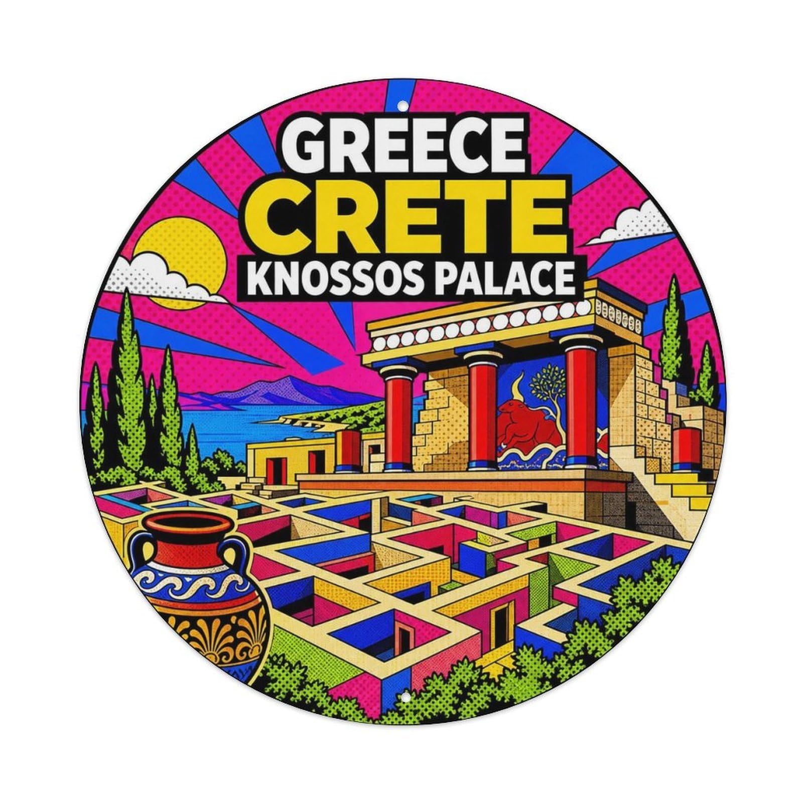 Este 8X8inch Style Crete Knossos Palace Greek Comic Color Old Town Travel Metal Tin Sign
