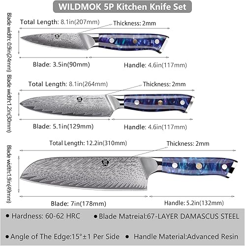 Miniatura 3 de WILDMOK Juego de cuchillos de chef de 5 piezas, juego de cuchillos de damasco con caja de regalo, contiene cuchillo de chef, cuchillo Santoku,