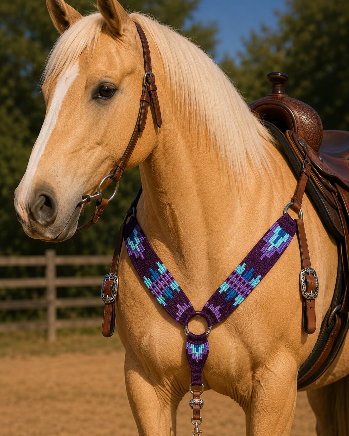 Collare da Petto in Mohair per Cavallo Western Cheval's International, Accessorio Equestre in Lana e Pelle, Regolabile, Nero e Viola, Cob