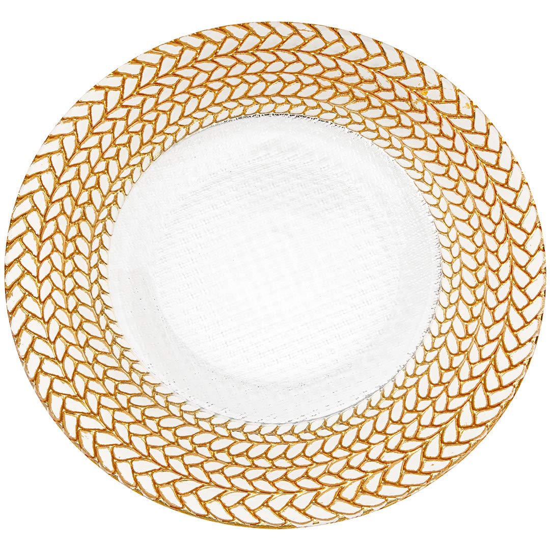 Koyal Wholesale Round 13" Braided Rim Clear Glass Charger Plates, Modern Glam Look, Bulk Set of 4, Table Setting, Tablescape for Wedding (Gold)
