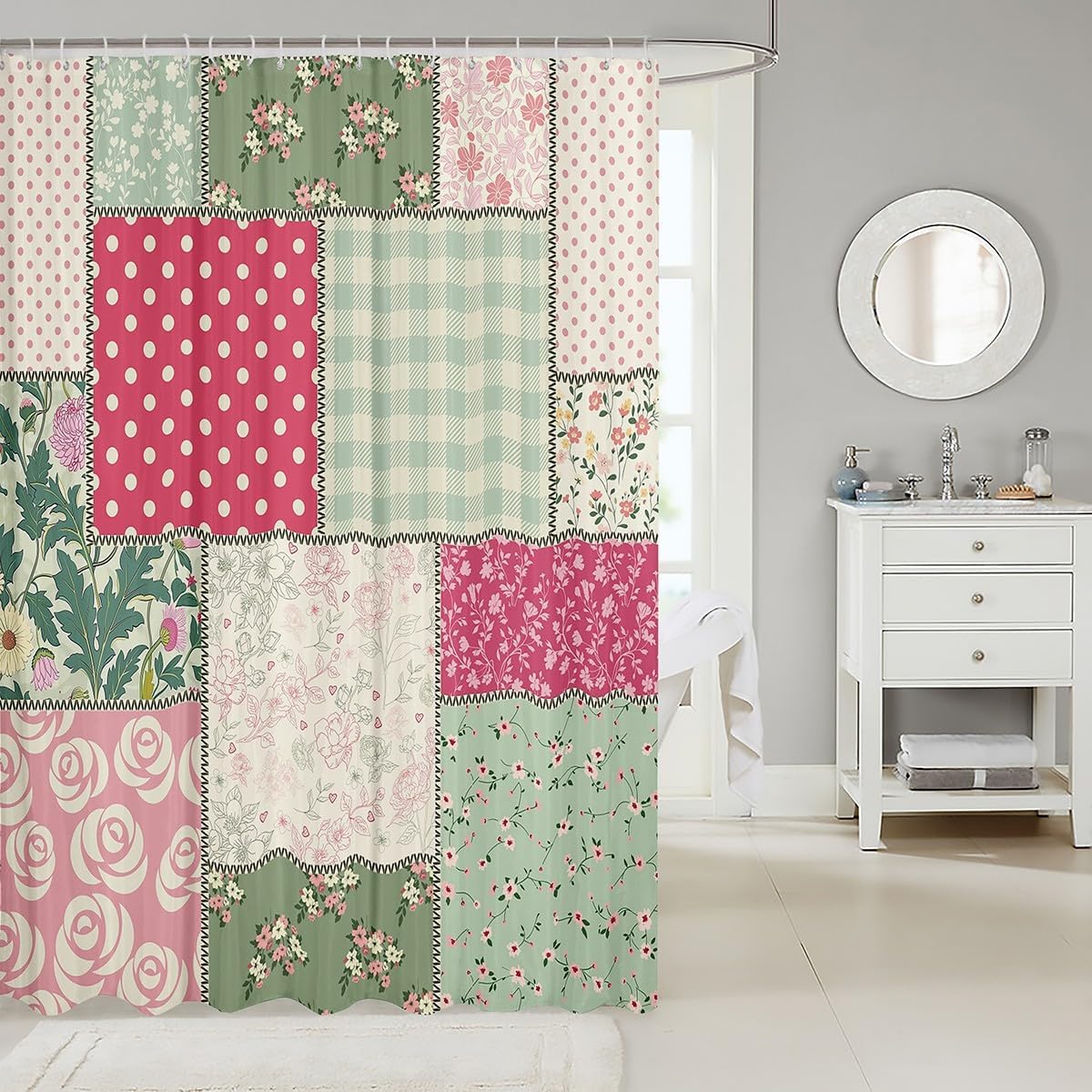 Plaid Floral Shower Curtain Patchwork Boho Style for Girls Women Youth Room Decor Retro Rose Flowers Plants Waterproof Romantic Pink Green Bathroom Curtain, 12 Hooks, 72" W x 78" L