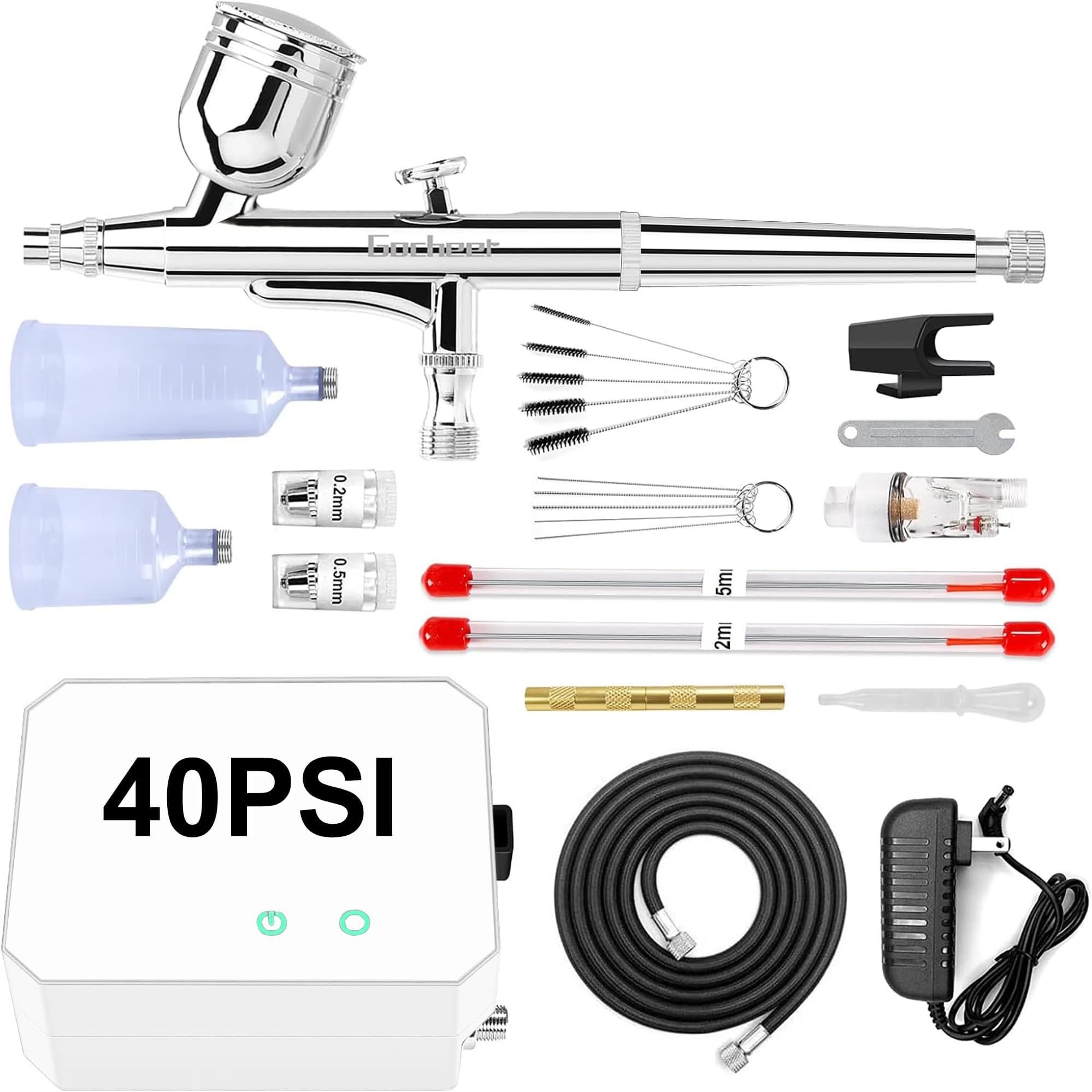 GocheerAirbrush Kit with Air Compressor, 40 48 PSI High Pressure Air Brush Non-Clogging with 0.2/0.3/0.5mm Nozzle/Cleaning Sets, Ideal for Painting, Modeling, Cake Decor, Makeup (White, 48 PSI)