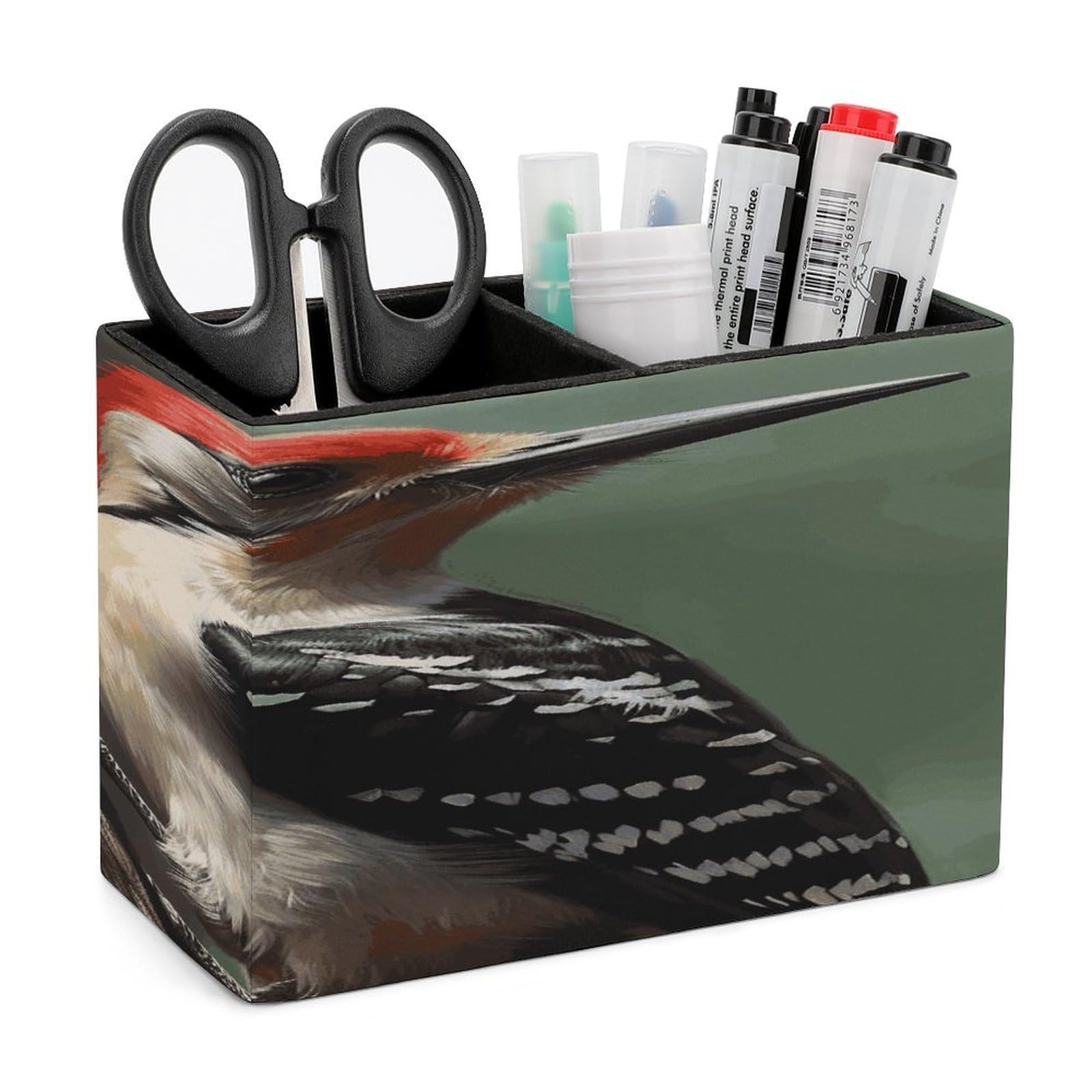 VstaDank Woodpecker Pencil Holder for Desk(Double Slots) Fashion Leather Pencil Cup Simple Rectangular Shape Pen Holder Multi-Functional Pen Cup for Home Office Supplies Storage