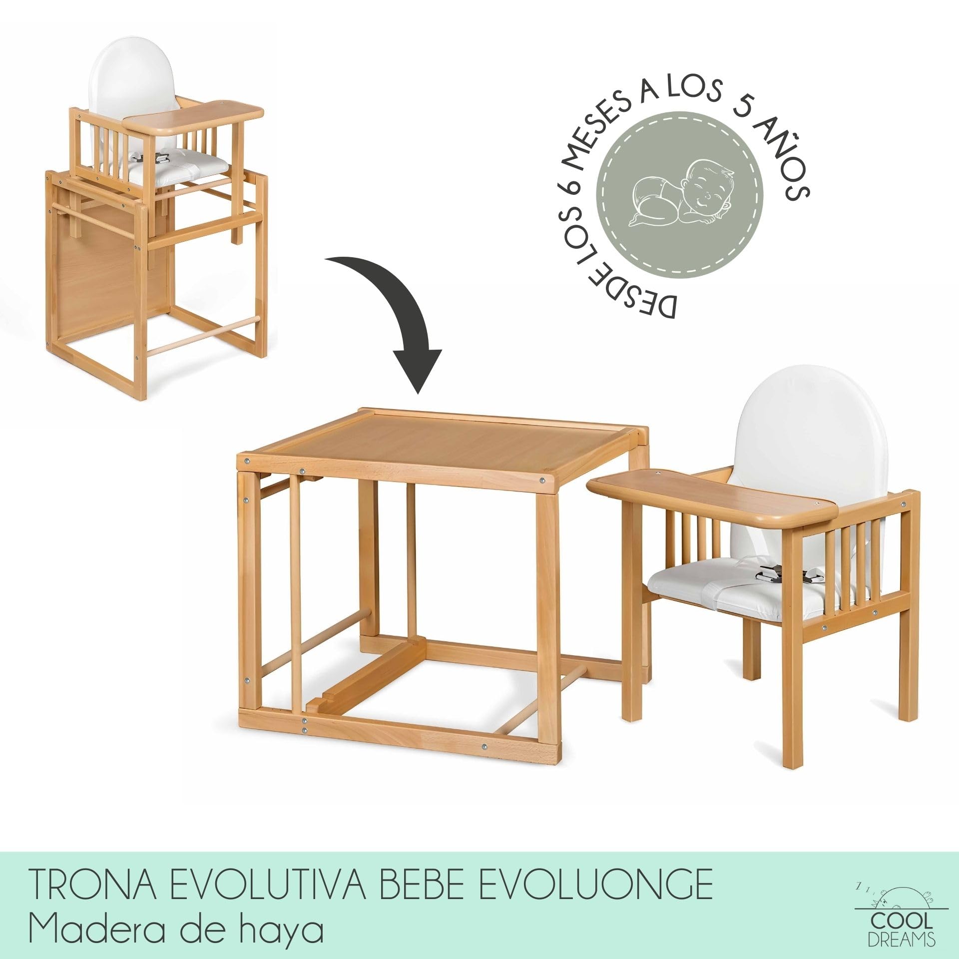 Trona evolutiva para bebé portátil de madera Evoluonge, convertible en silla y mesa infantil para comer, dibujar y jugar, segura, con asiento acolchado impermeable CoolDreams
