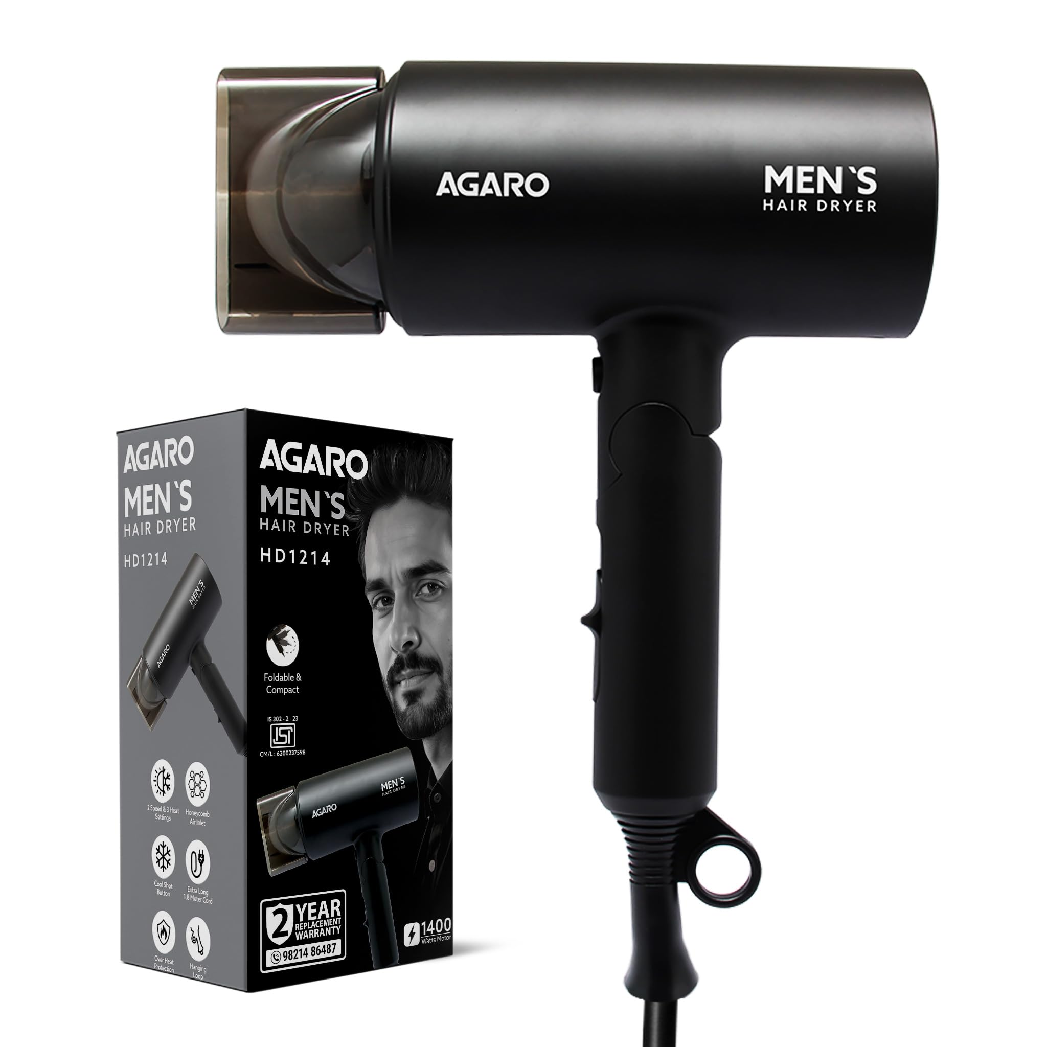 AGARO Premium Hair Dryer for Men with 1400 Watts Motor, 3 Temperature Settings & Cool Shot Button- Black