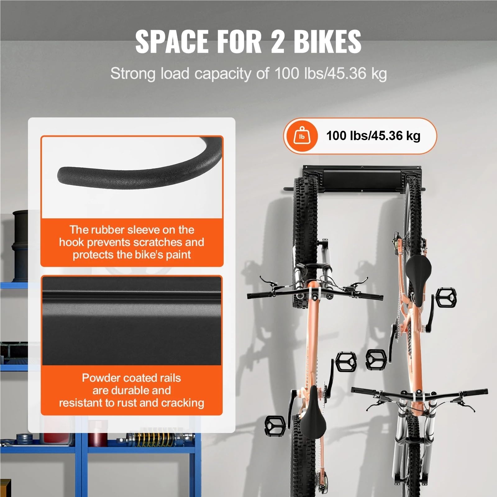 Supporti per Biciclette 17in Bike Storage Rack Wall Mount Bicycle Storage Hanger Adjustable Holder for Home Garage 2 Bikes Space Saving per Biciclette