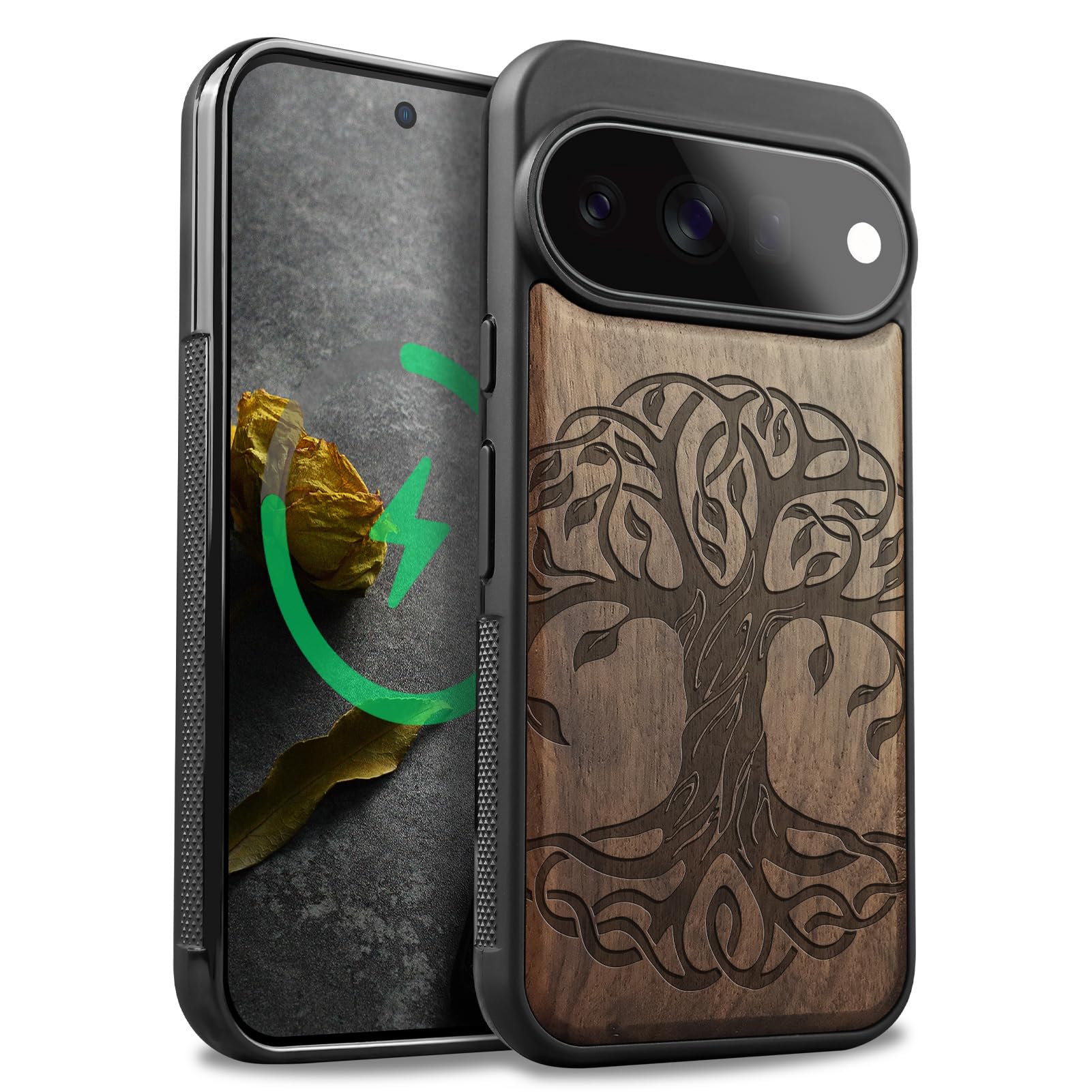 Coque Pixel 11 Pro Arbre de Vie Celte, étui bois noyer compatible Magsafe antichoc - 8