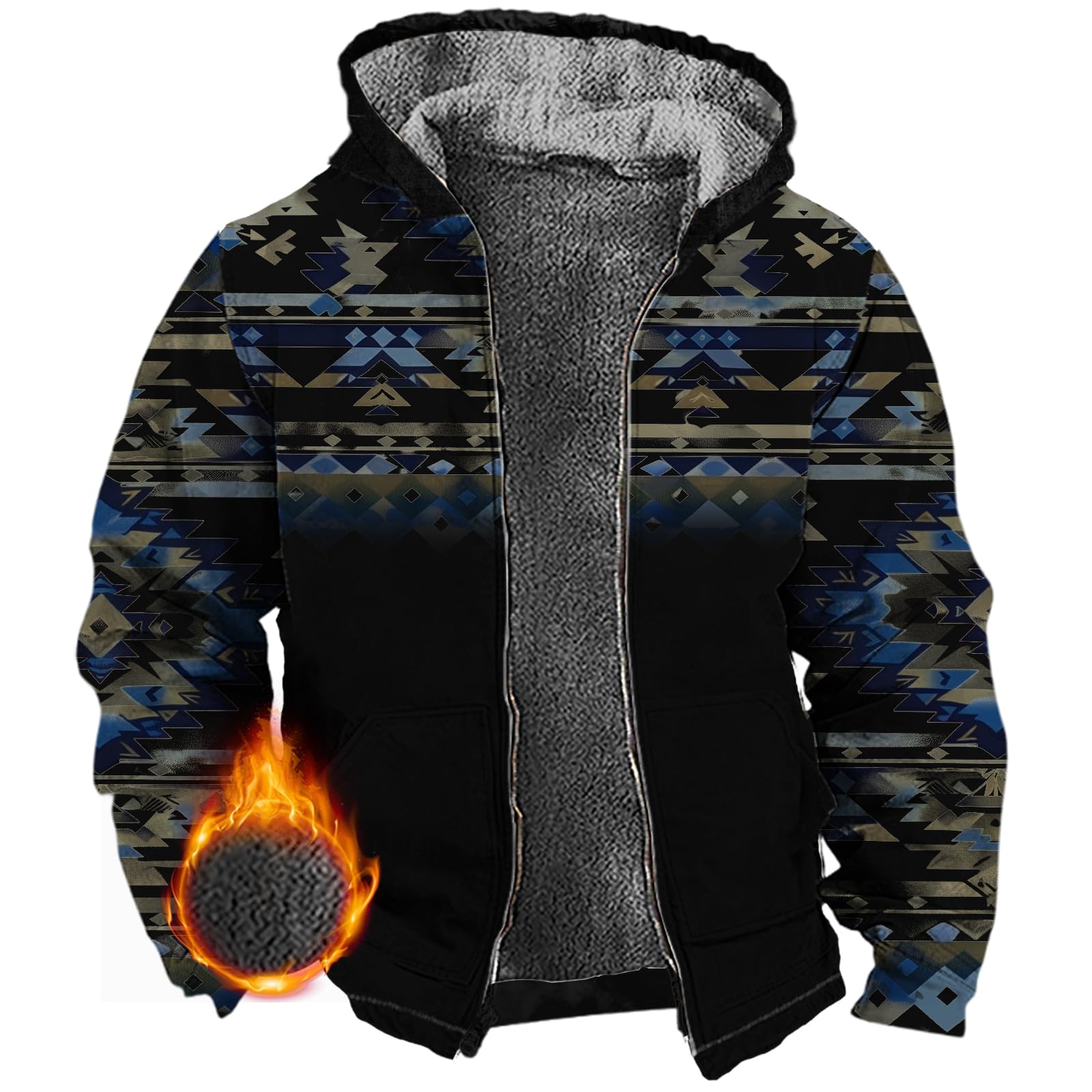 LOAIHA Western Jackets for Men Aztec Hoodie Fleece Lined Winter Warm Cowboy Coat Long Sleeve Zipper Mens Jacket with Pockets