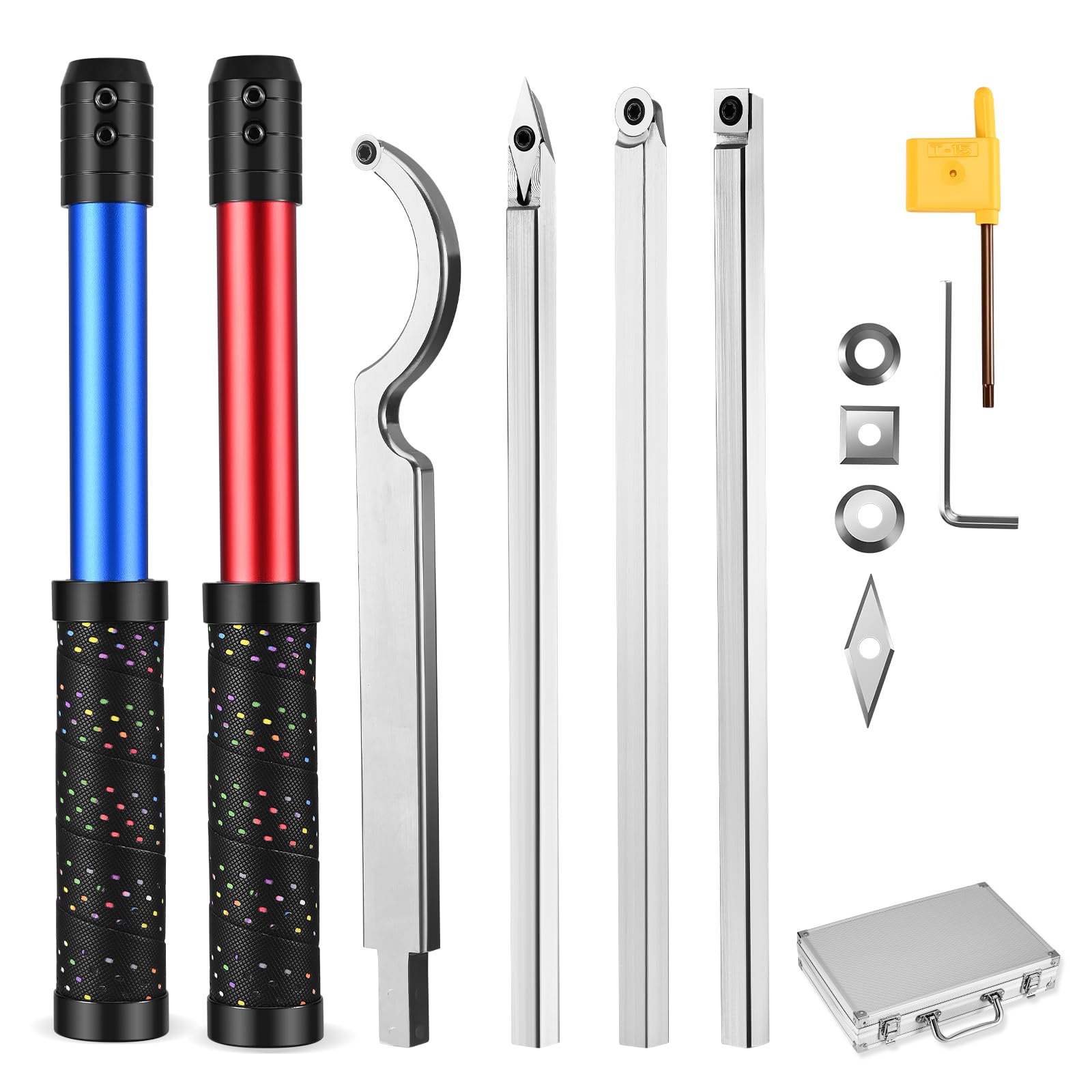 Drechseleisen Set 4 Stück, Drechselwerkzeuge für Holz mit Hartmetall-Schneidplatten, 2 Stoßfester Softgrip-Griff aus EVA und 4 Ersatzklingen, für die Skulptur auf Holz (Blau Rot)