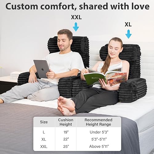 Miniatura 6 de ENITYA Almohada de espalda XL de 22 pulgadas para sentarse en la cama, brazos y bolsillos grandes integrados, almohada de lectura para sentarse