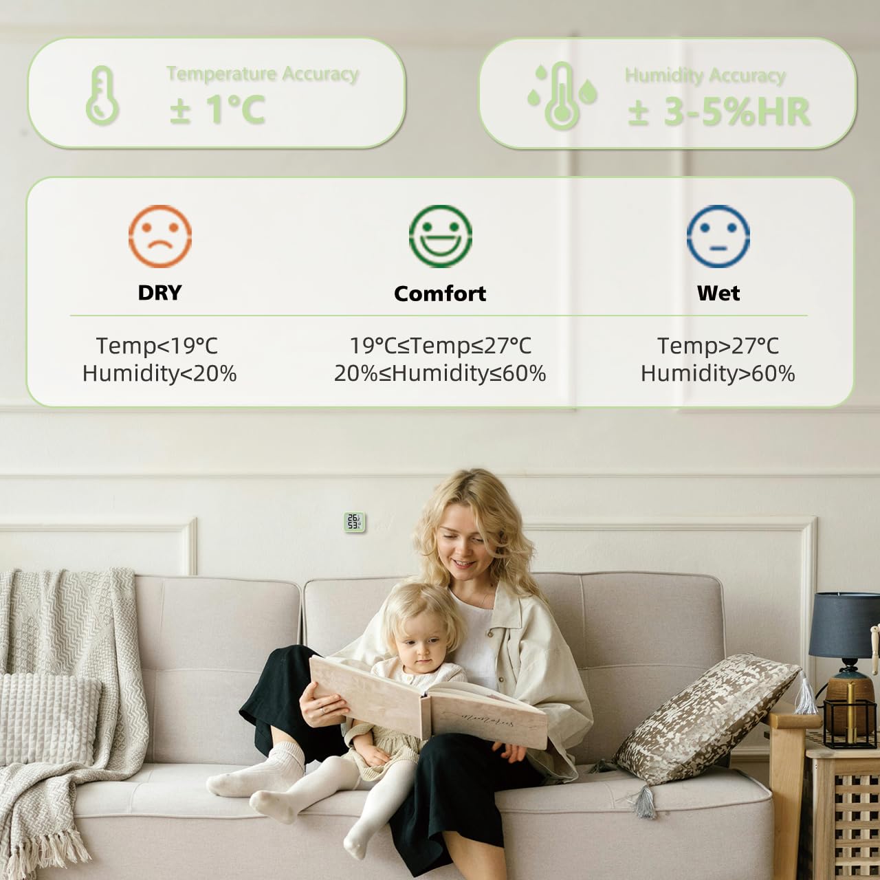 NOKLEAD Termometro Misuratore di umidità Interno Mini igrometro Monitor Dispositivo di misurazione della temperatura ambiente con icona facciale Indicatore di comfort (2, Verde, 5cm)
