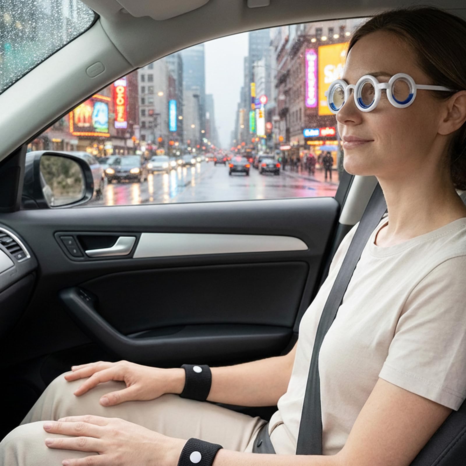 Brille Gegen Reiseübelkeit, 4-Teiliges Set Mit Trageetui Und Akupressurarmbändern, Ideal Für Autofahrten, Flugreisen Und Schifffahrten, Leichtes Design Für Langen