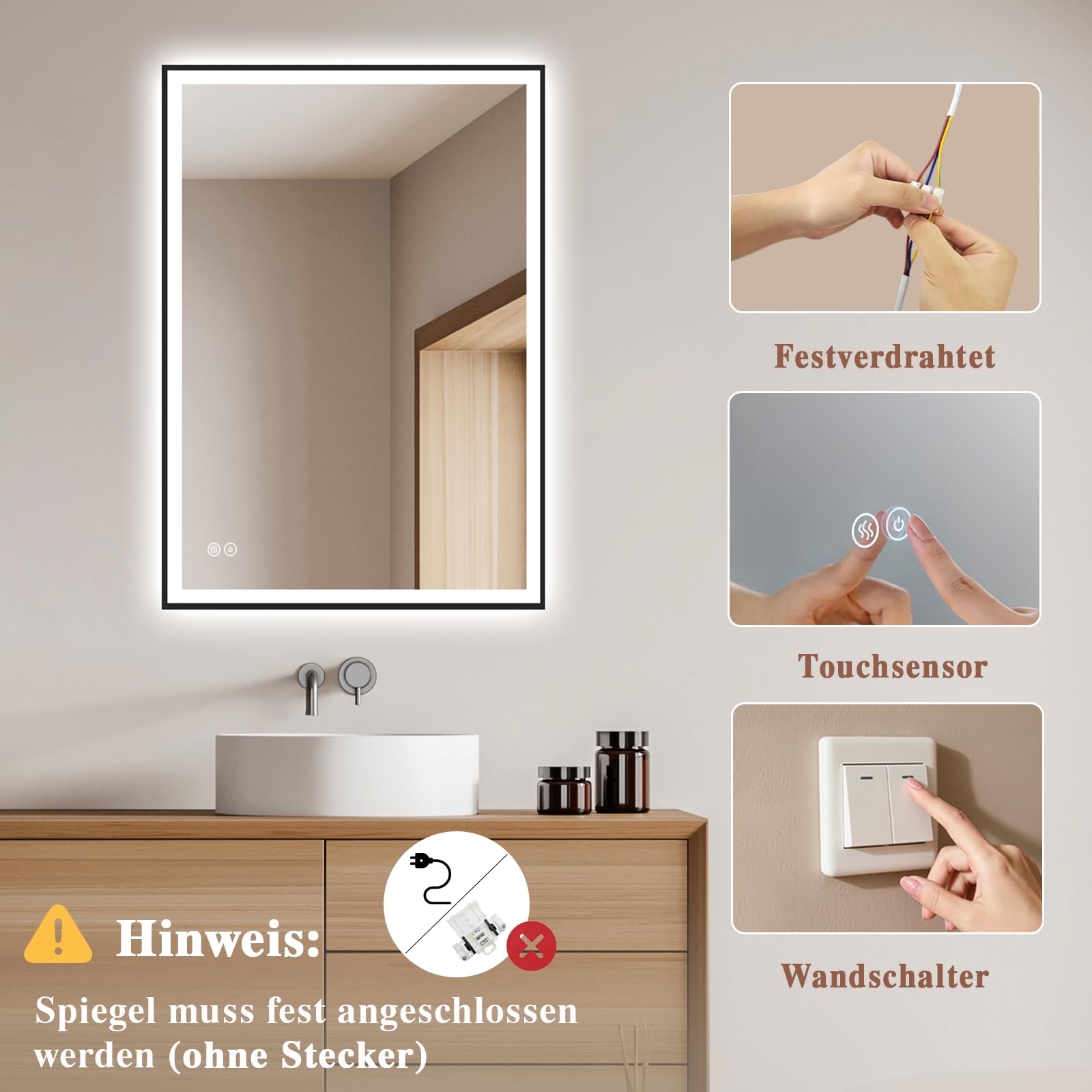 Badspiegel-mit-Beleuchtung 40x60 - Badezimmerspiegel LED Badezimmer Spiegel mit Beleuchtung - Beschlagfrei, Dimmbar, 3 Lichtfarben, Wandspiegel Led-Spiegel-Bad Schwarz Metallrahmen Horizontal/Vertikal