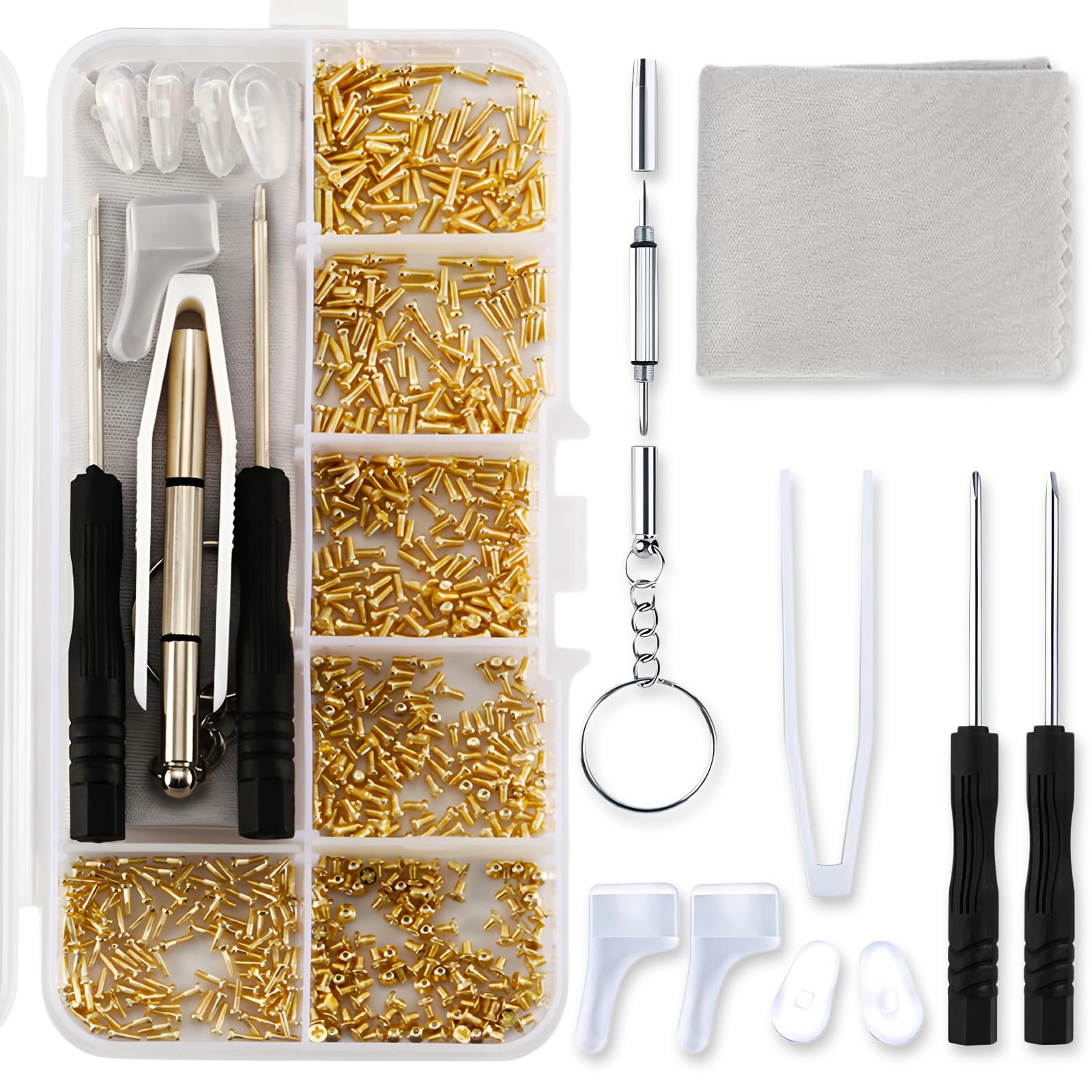NICECONE Gold Eyeglass Repair Kit 150PCS, Glasses Repair Tool Set including Screws (Gold), Nose Pads, Screwdrivers, Tweezers