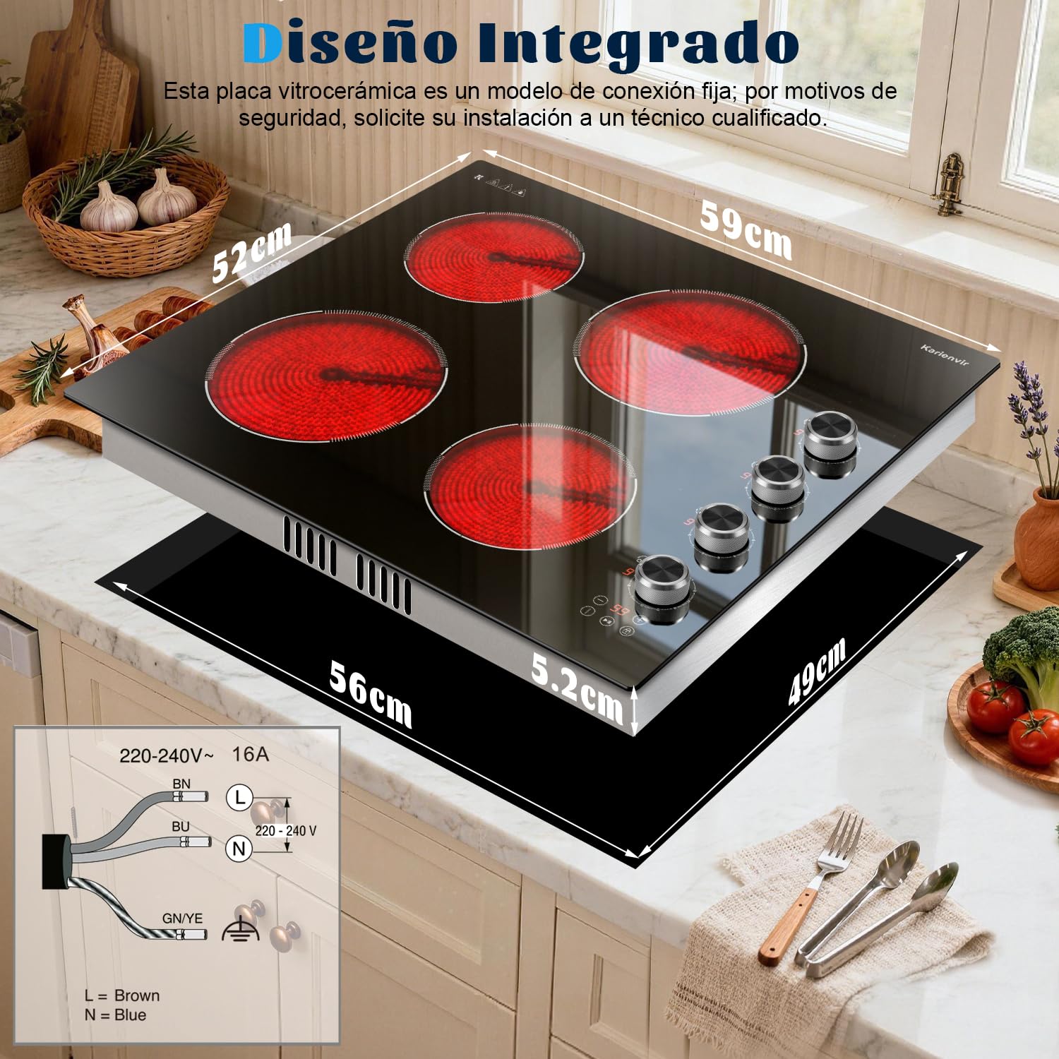 Placa Vitrocerámica de 4 Fuegos, Vitroceramica Empotrada de 60CM, 6000W | Controles táctiles y Perillas, con Bloqueo de Seguridad, Temporizador, Función de Pausa