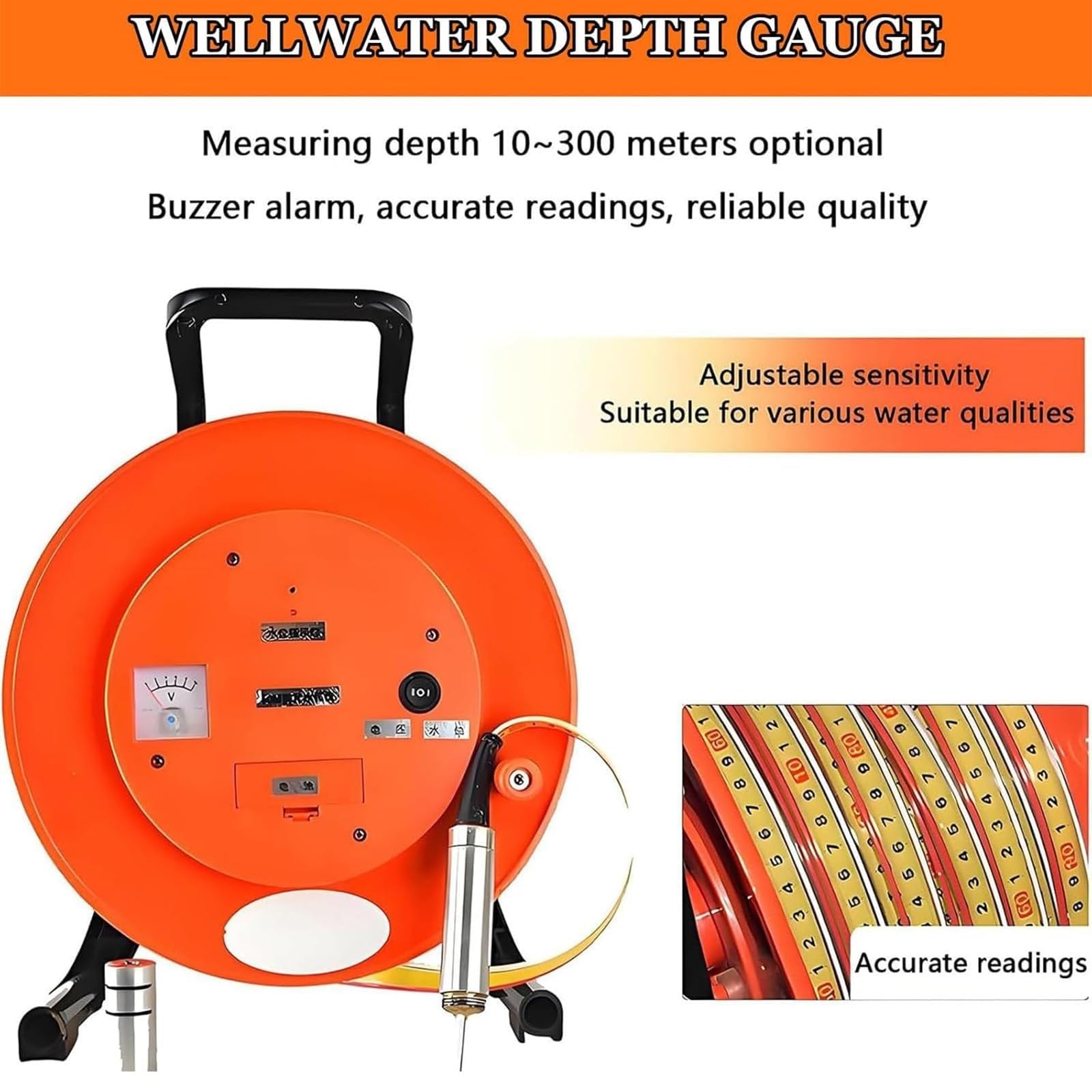 Medidor electrónico portátil de nivel de agua con sonda fija y cinta de acero de 300 m, medidor de profundidad de agua subterránea de pozo profundo para medición