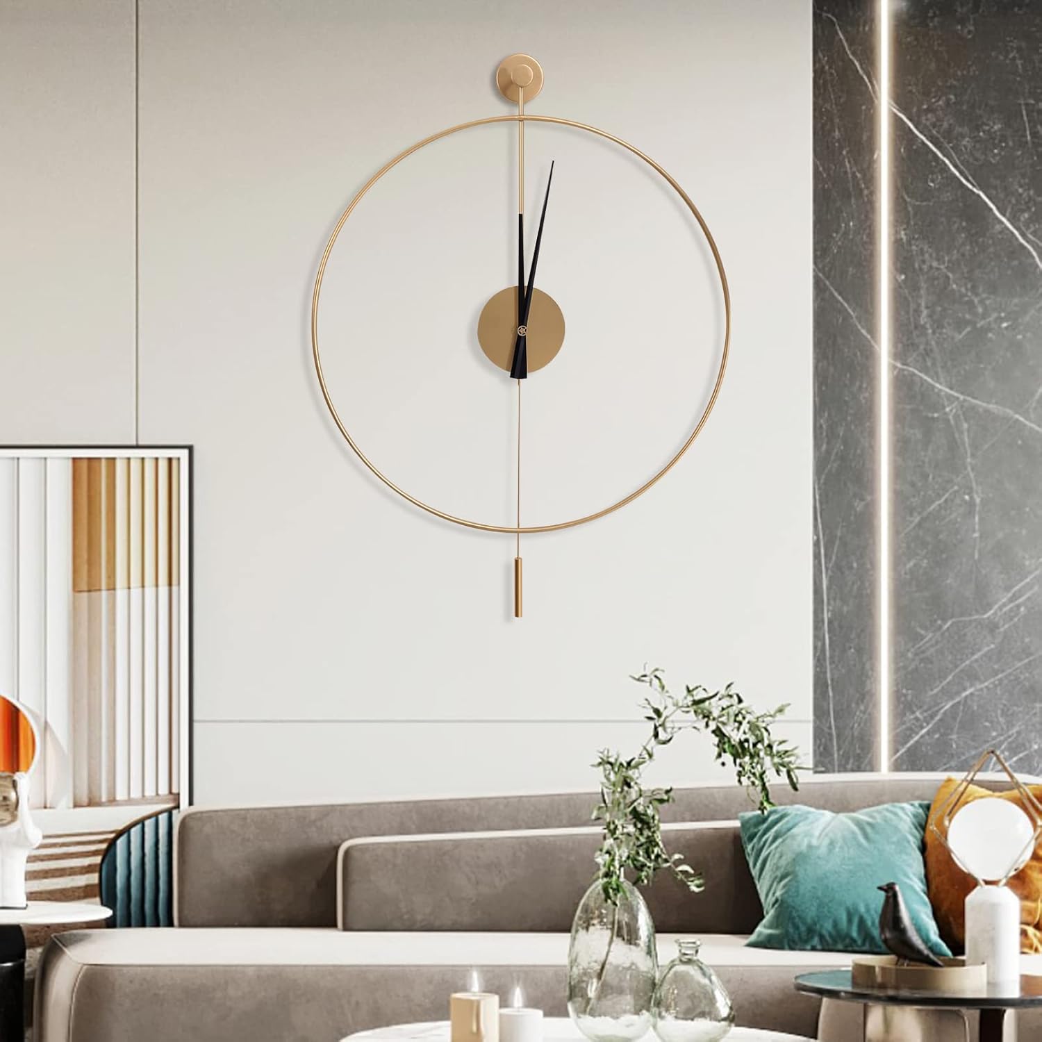 Classical Large Decorative Wall Clock with Pendulum, Modern Round Minimalist Wall Clocks, Silent Metal Wall Clocks for Living Room, Bedroom, Study, Office (Gold, 23.62)