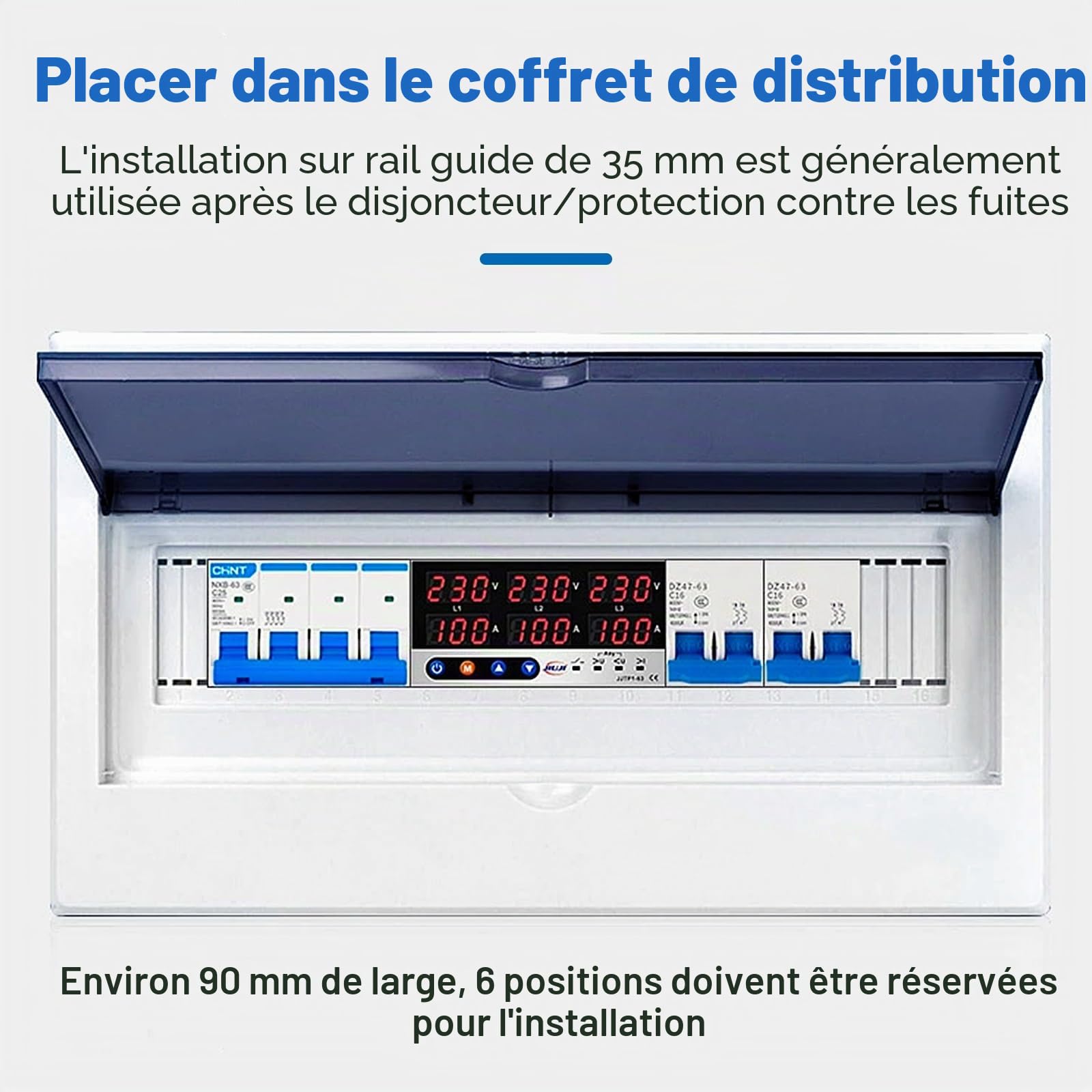 DEWIN Protecteur de Courant de Tension Triphasé, Voltmètre Ampèremètre à Rail DIN Triphasé Relais de Surtension et de Sous-tension AC 220V 100A