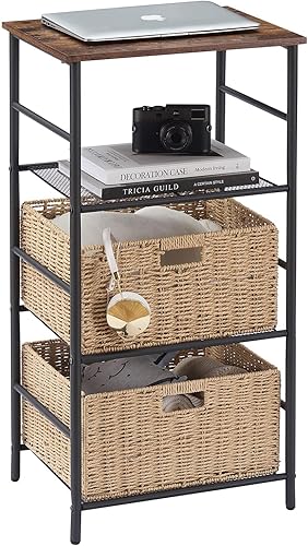VECELO Mesa lateral alta con 2 estantes de almacenamiento de mimbre para sala de estar baño dormitorio oficina entrada fácil montaje 3 capas marrón