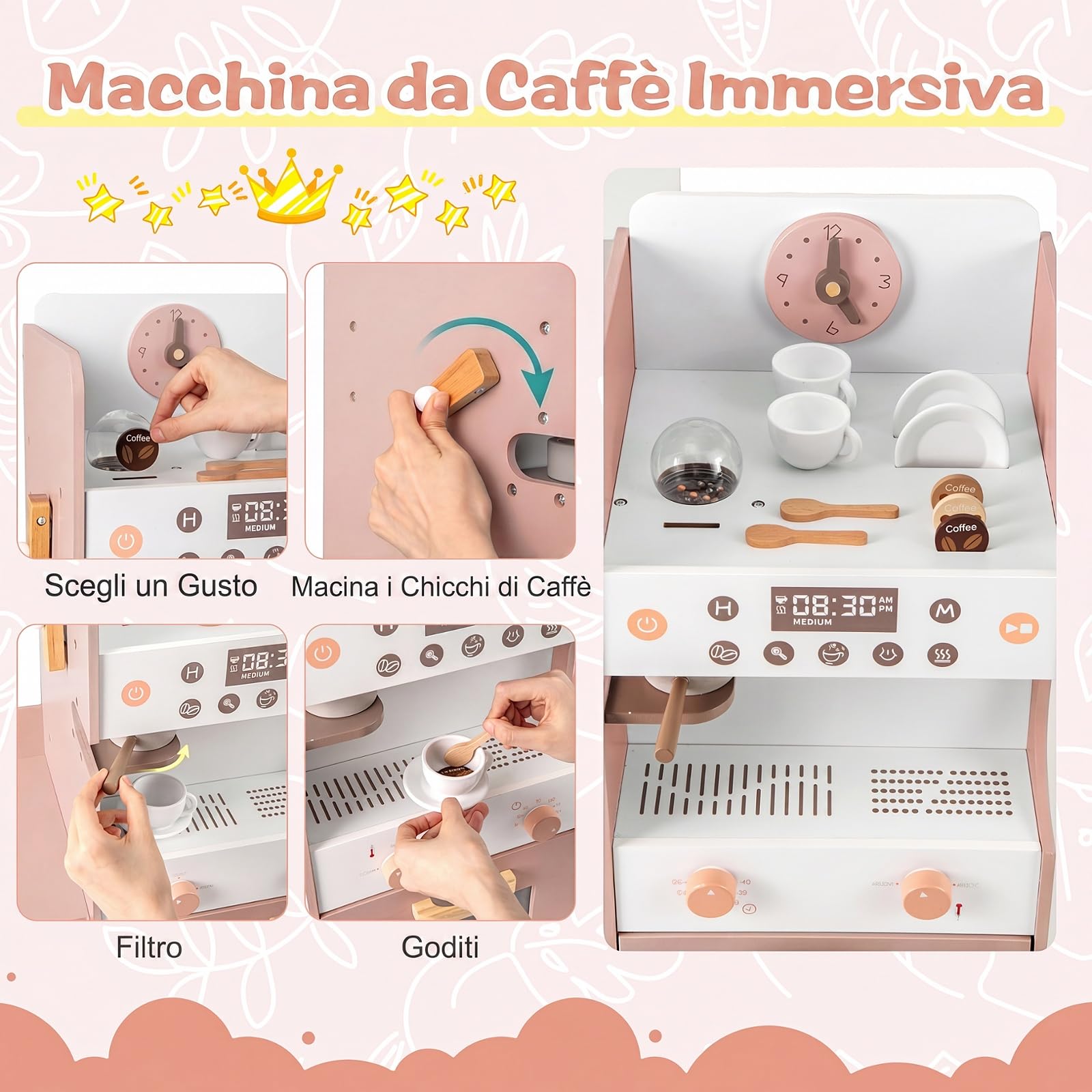COSTWAY Mercato Giocattolo per Bambini, Negozio Giocattolo in Legno (Rosa) | con Cassa, Macchina Caffè e Distributore Automatico, Banco Mercato Giocattolo con Scaffali e 30 Accessori, per Bambini 3+ Ann