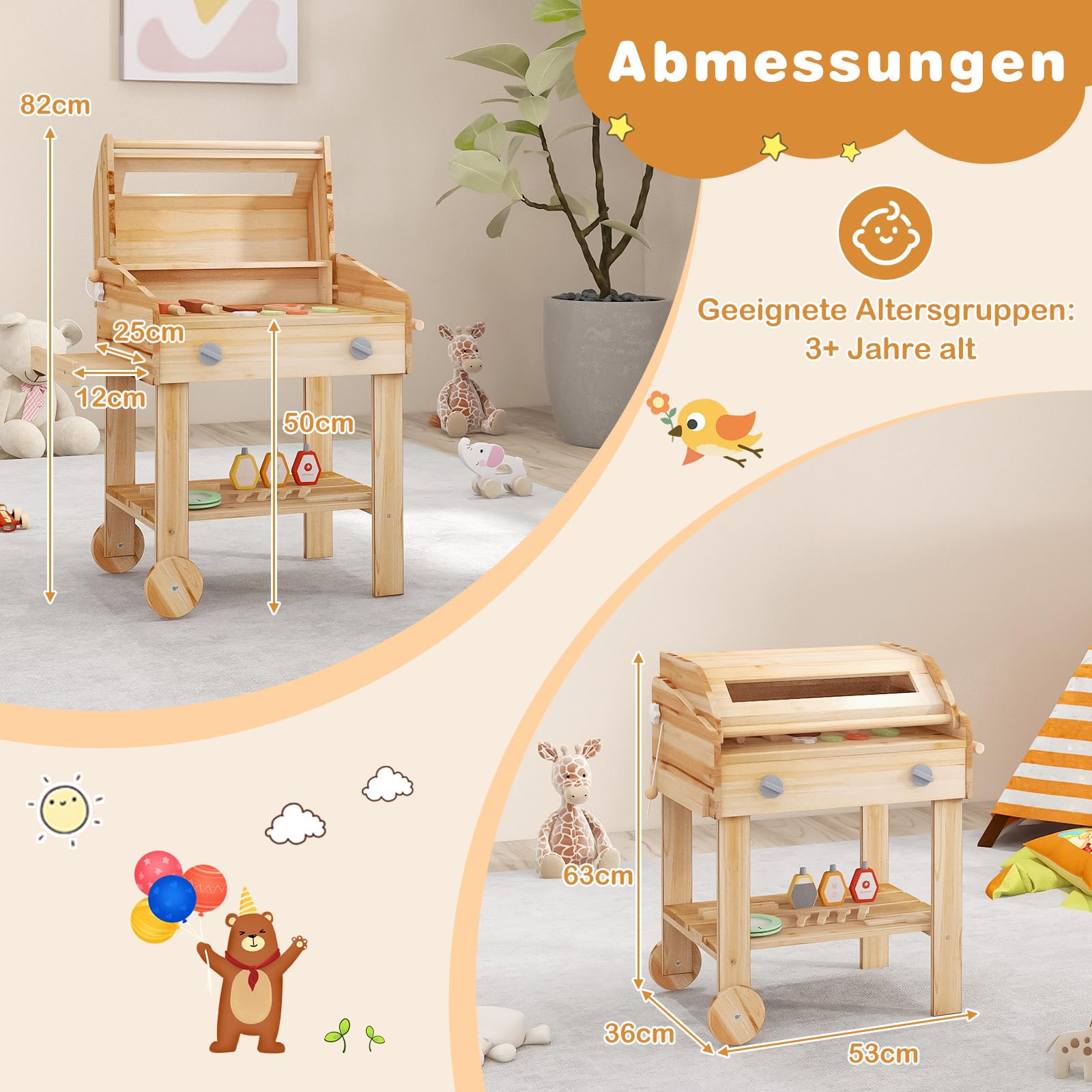 DREAMADE Kindergrill aus Holz, BBQ Grill Spielzeugset mit Grillwerkzeugen & Gewürzflaschen, Küchen-Rollenspielset mit 25 Zubehörteilen & Rädern, für Kinder ab 3 Jahren