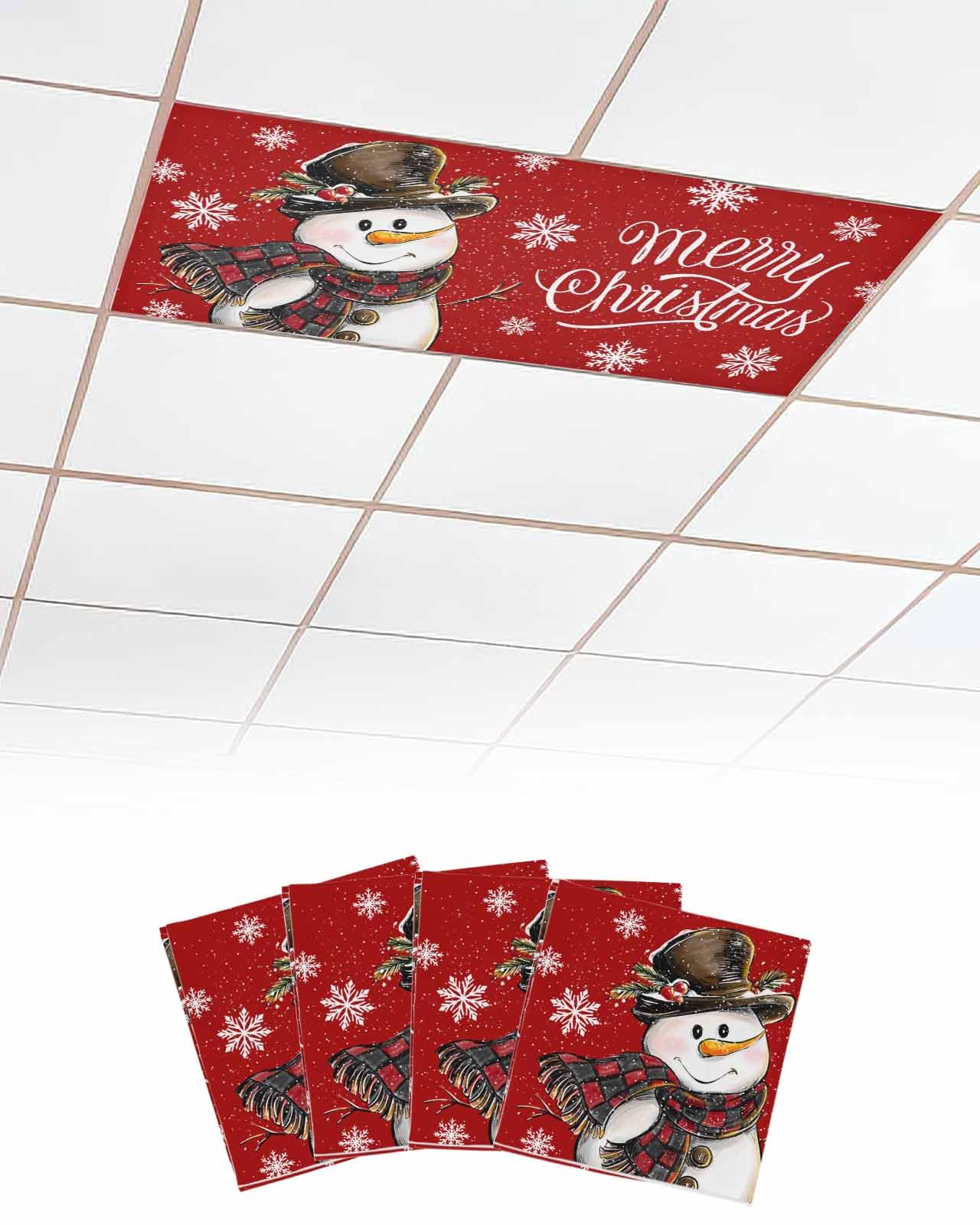 EwdeWwo Merry Christmas 4 Pcs Fluorescent Light Covers for Ceiling Lights, Snowman Snowflake Berry Red Magnetic Light Filters for Eliminate Harsh Glare Classroom Office Decoration, 4 x 2 Ft