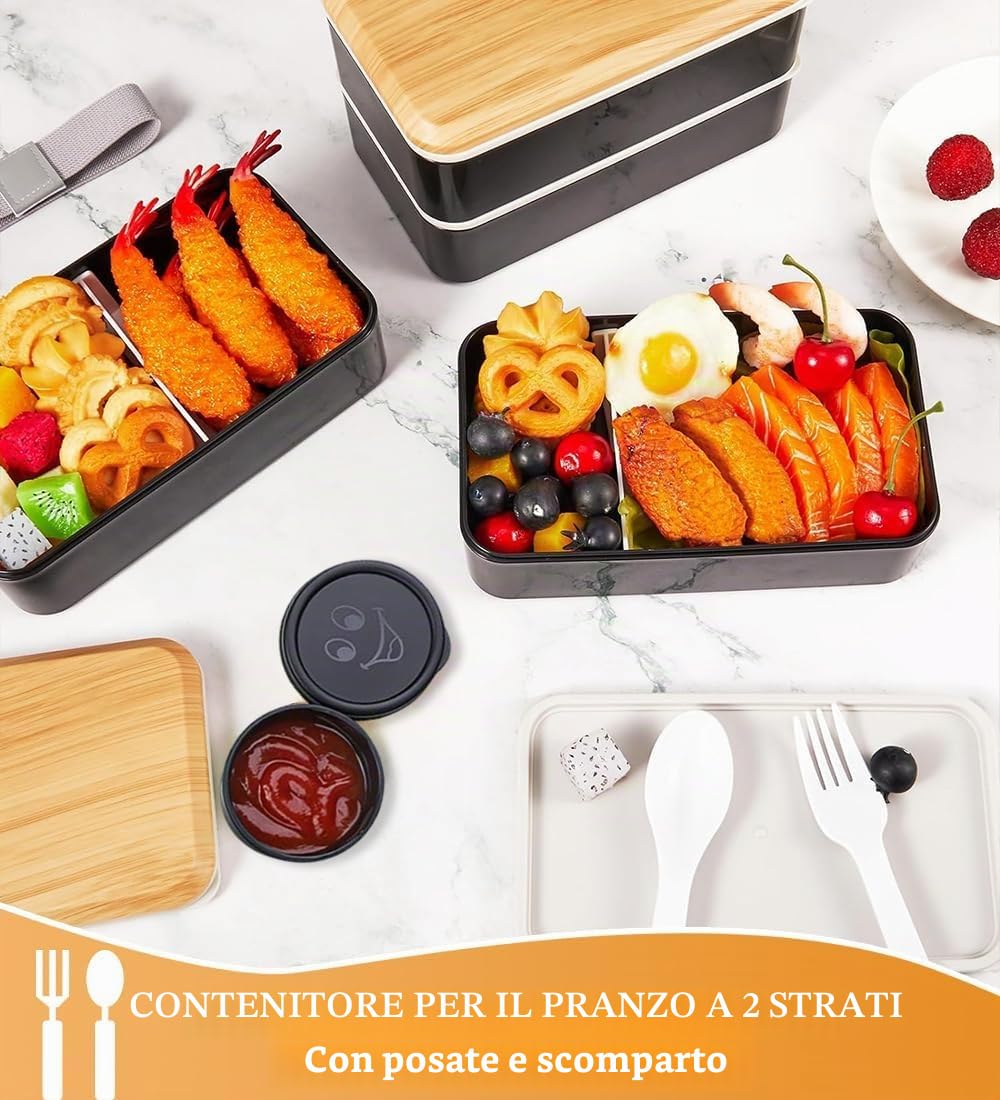 Porta Pranzo Set, 1400 ml Lunch Box con Borsa Termica e Posate, Schiscetta Portapranzo Ermetico per Microonde e Lavastoviglie, Bento Box per Lavoro Picnic Ufficio (Nero)