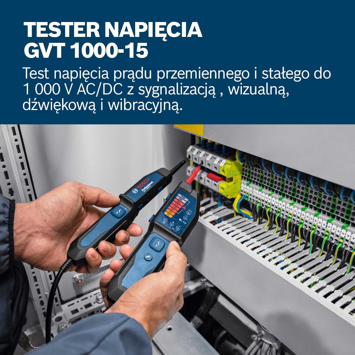 Bosch Professional Tester napięcia GVT 1000-15 (pomiarynapięcia do 1000 V AC/DC, wizualna informacja zwrotna LED, brzęczyk, alarmy wibracyjne, przewody o długości 125 cm, 2x1,5 V LR03 (AA))