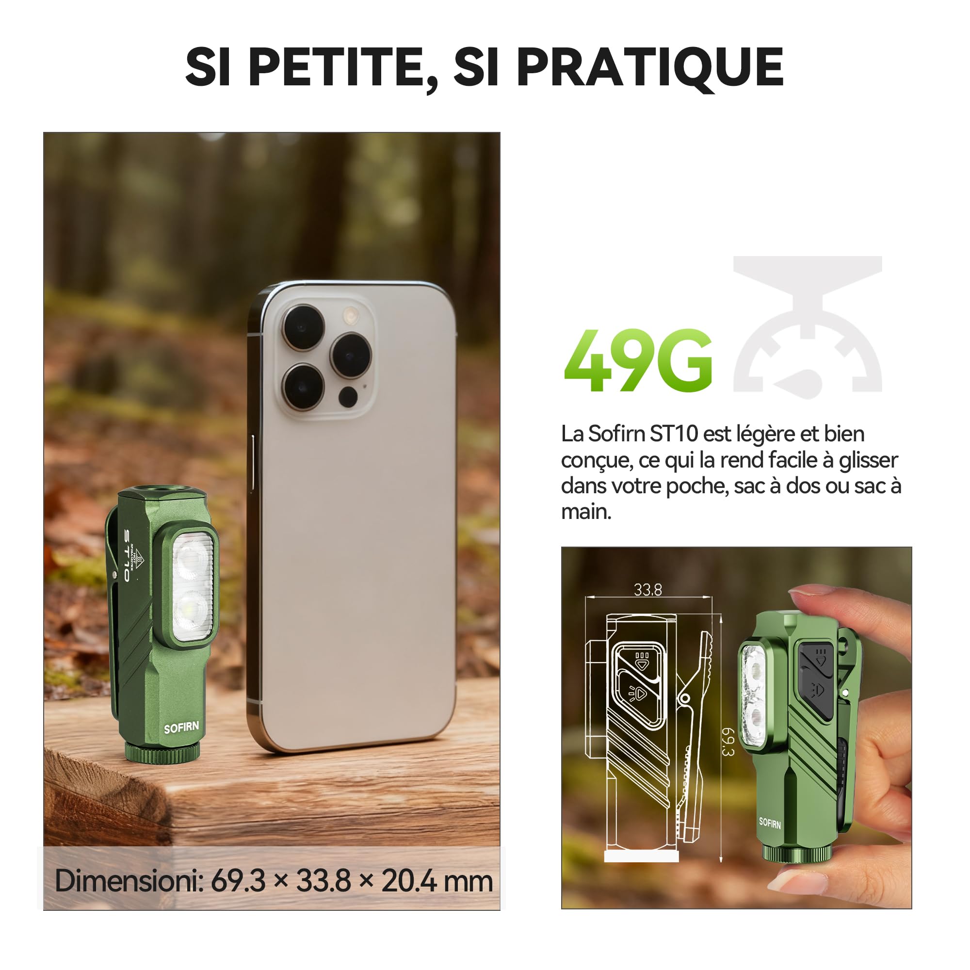 sofirn ST10 Mini Lampe Torche Rechargeable, 1000LM|500LM|Rouge 660NM, Double Aimant, Type-C, Clip, IPX6, Lampe Torche Led Ultra Puissante pour Maison, Promenade du Chien, Pêche, Urgences (vert)