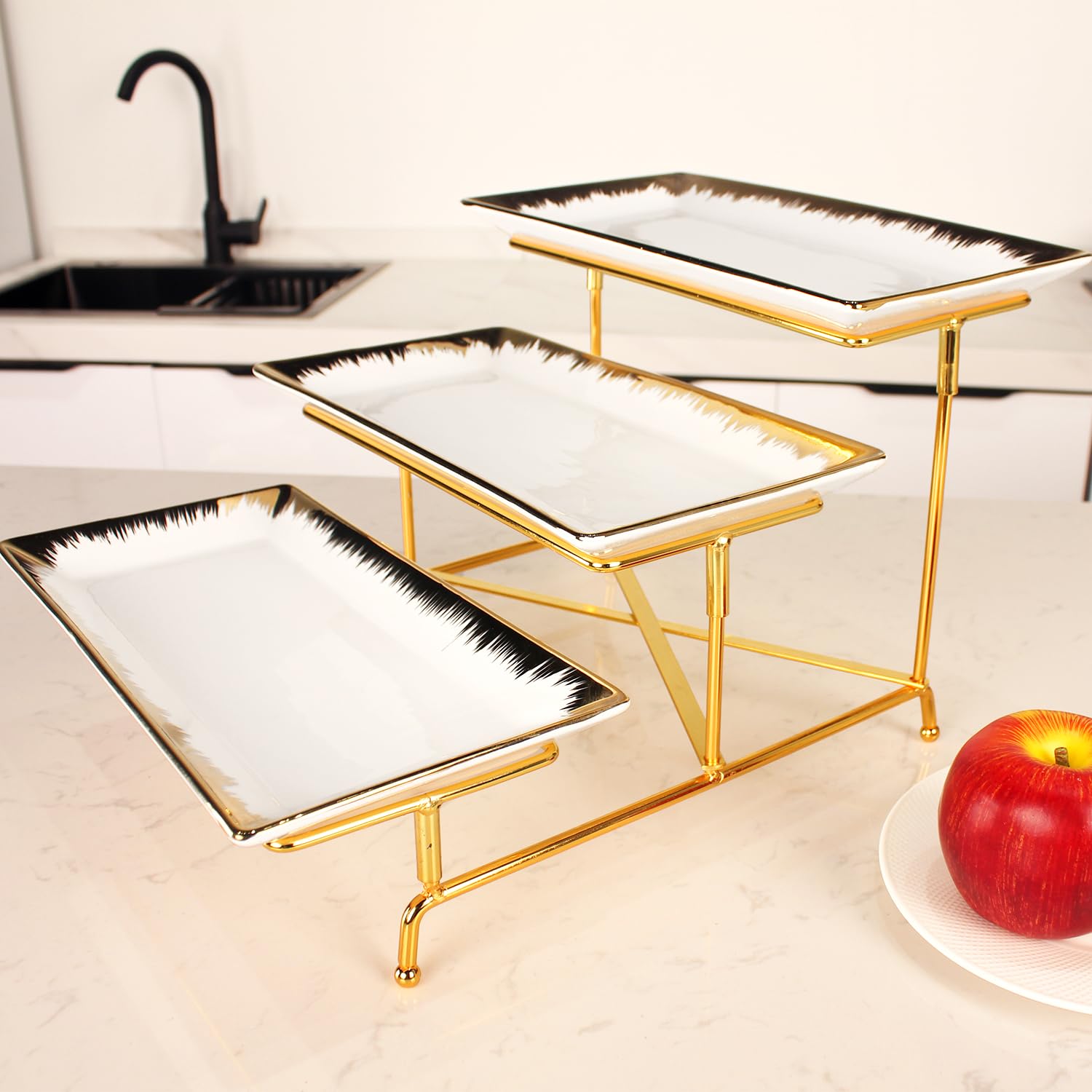 Set di 3 vassoi da portata con 3 vassoi in porcellana da 29 cm e bordo dorato, robusto supporto in oro, per feste, presentazioni di cibo, dessert alla frutta
