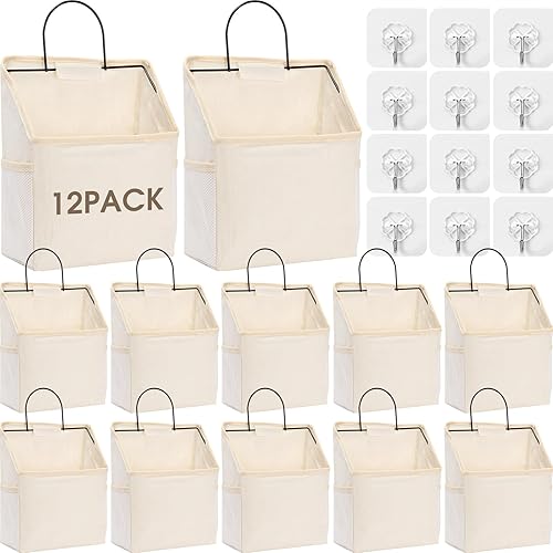 Woanger 12 bolsas de almacenamiento para colgar en la pared con ganchos, cesta colgante de pared con bolsillo, organizador de lino y algodón para