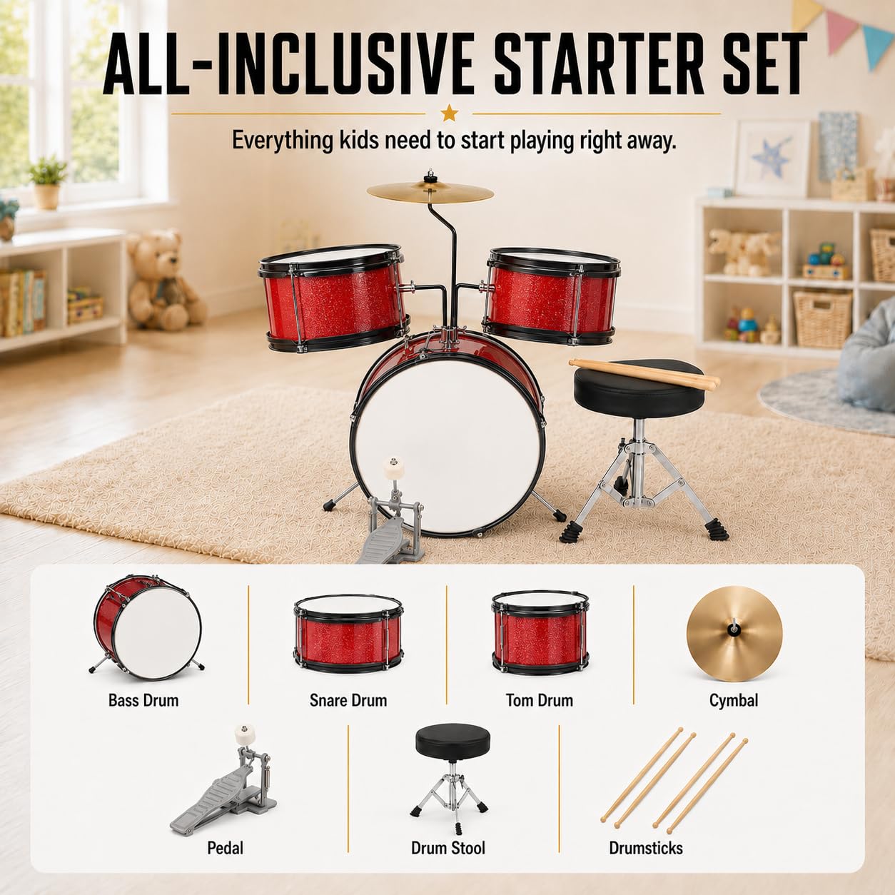 35.6 cm Kids Drum Set, 3-teiliges Junior Anfänger Schlagzeug Set für Kinder mit Becken, verstellbarem Hocker, zwei Paar Drumsticks, Pedal & Schraubenschlüssel - Rot