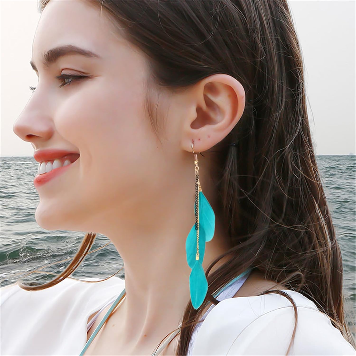 Bohemian Colorful Feather Earrings for Women Ethnic Retro Bohemian Long Chain Feather Earrings Vacation Handmade Vintage Multicolor Tassel Feather Earrings Lightweight Feather Drop Dangle Earrings Jewelry Gift (Turquoise) - Image 4