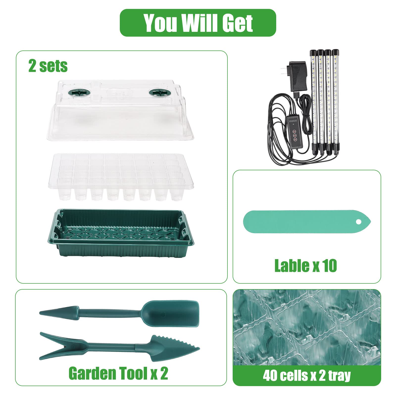 2 Stück 80 Zellen Samen-Starter-Set mit 4 Wachstumslichtern, einstellbare Helligkeit und Luftfeuchtigkeit, Kuppelpflanzen-Sämling-Starter-Set für Pflanzenanbau