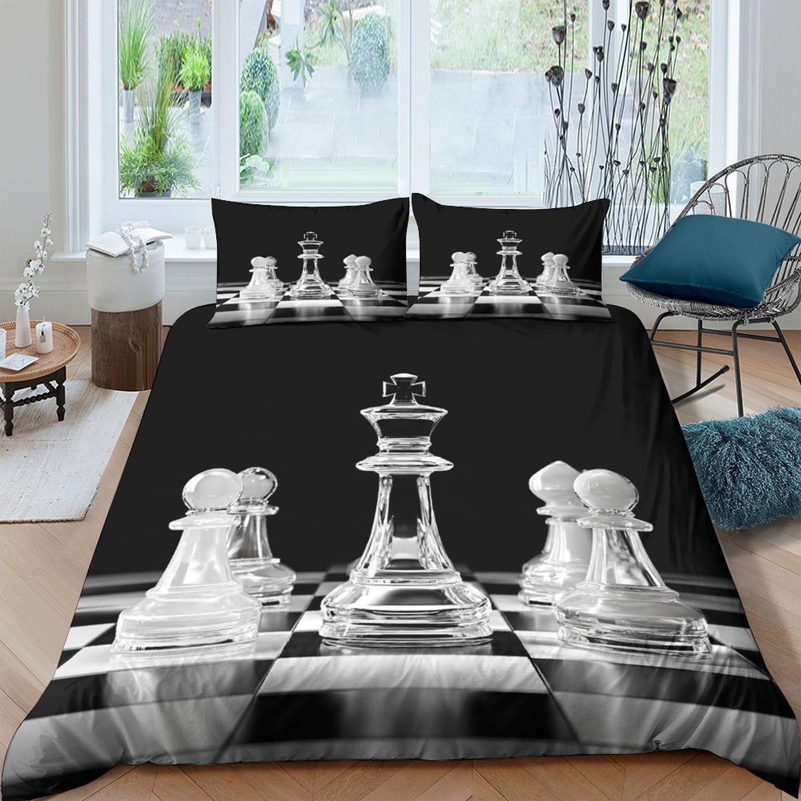 Ctjqhvkz Style-4 3D Printed Chess Board Fitted Sheet Microfiber Black White Bedroom Decor Checkmate Bed Cover For Home Guest Room Single（135X200cm）