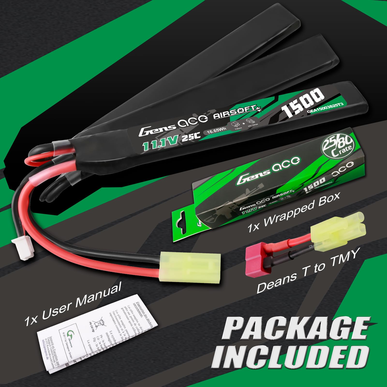 Gens Ace Batería LiPo 11,1 V 1500 mAh 25C 3S1P Batería Triple Dividida con Conector Estándar Tipo T, Compatible con Réplicas de Airsoft AEG