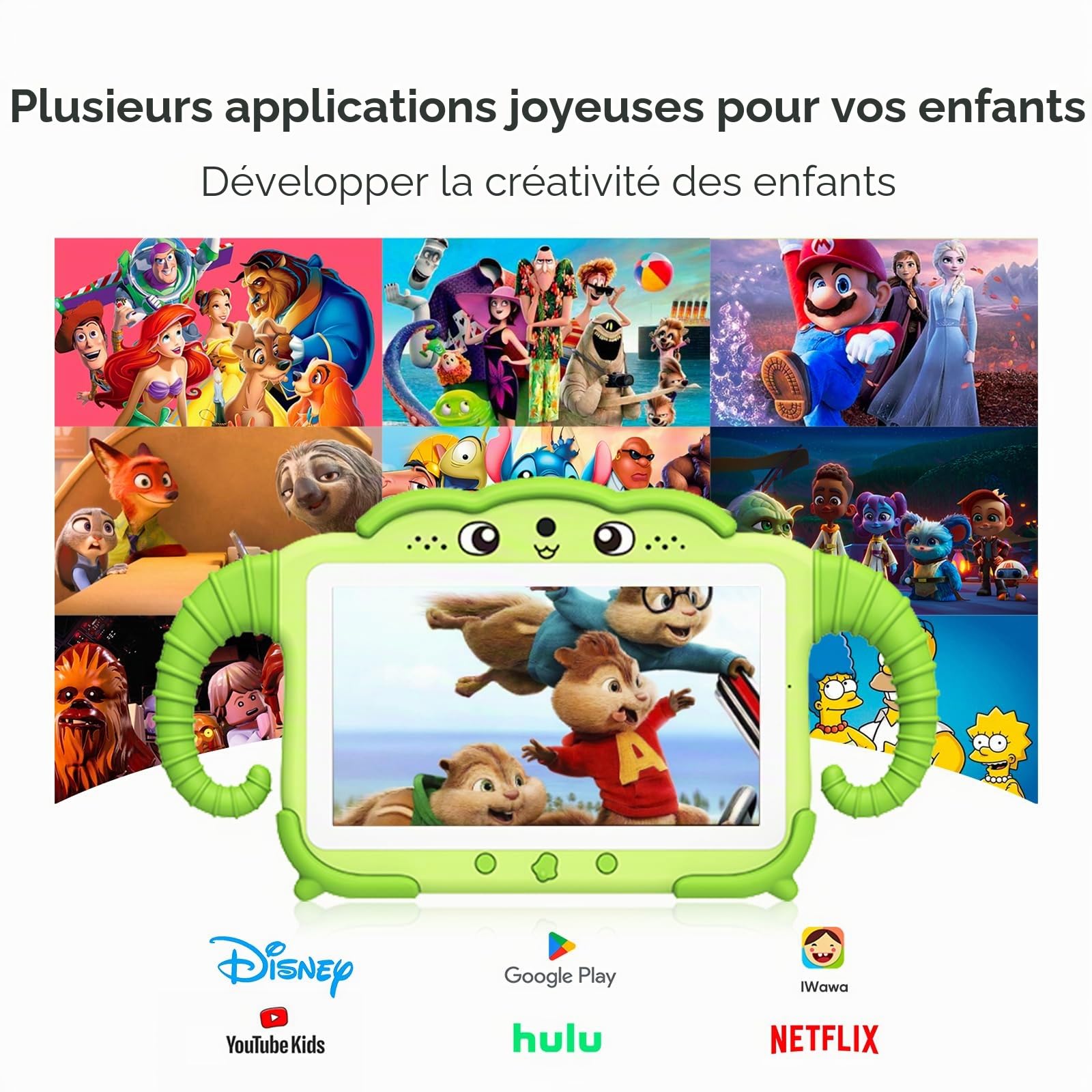 Tablette d'apprentissage pour enfants de 7" à partir de 3 ans avec étui adapté aux enfants 2 Go de RAM 32 Go de ROM Tablette d'apprentissage Android 10 Go Quad Core WiFi Bluetooth Double appareil
