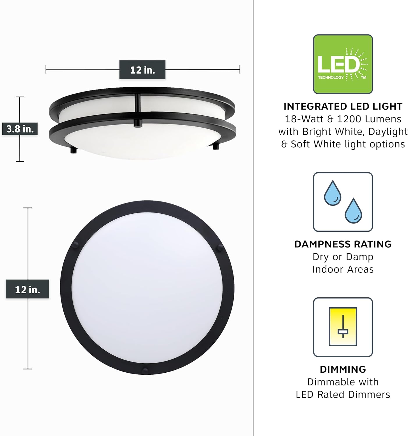 Designers Fountain Flush Mount Ceiling Light, 12 Inch Round LED DC Lighting Fixture Kitchen, Bedroom, Bathroom, and Hallway, Dimmable, 1200 Lumens, 3000K/4000K/5000K, Matte Black, EV1412C3C-43
