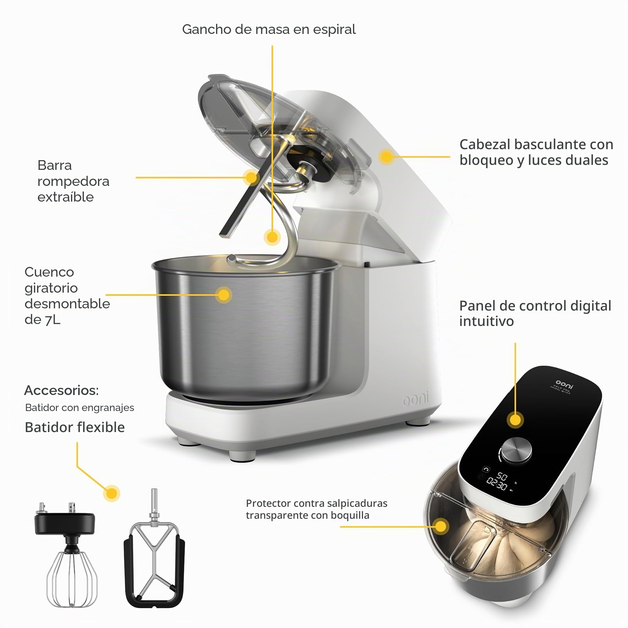 Ooni Halo Pro Amasadora Profesional Halo Pro de 7,3L – Batidora Amasadora para Masas de Pan y Pizza con 58 Velocidades y Accesorios – Blanco Polar