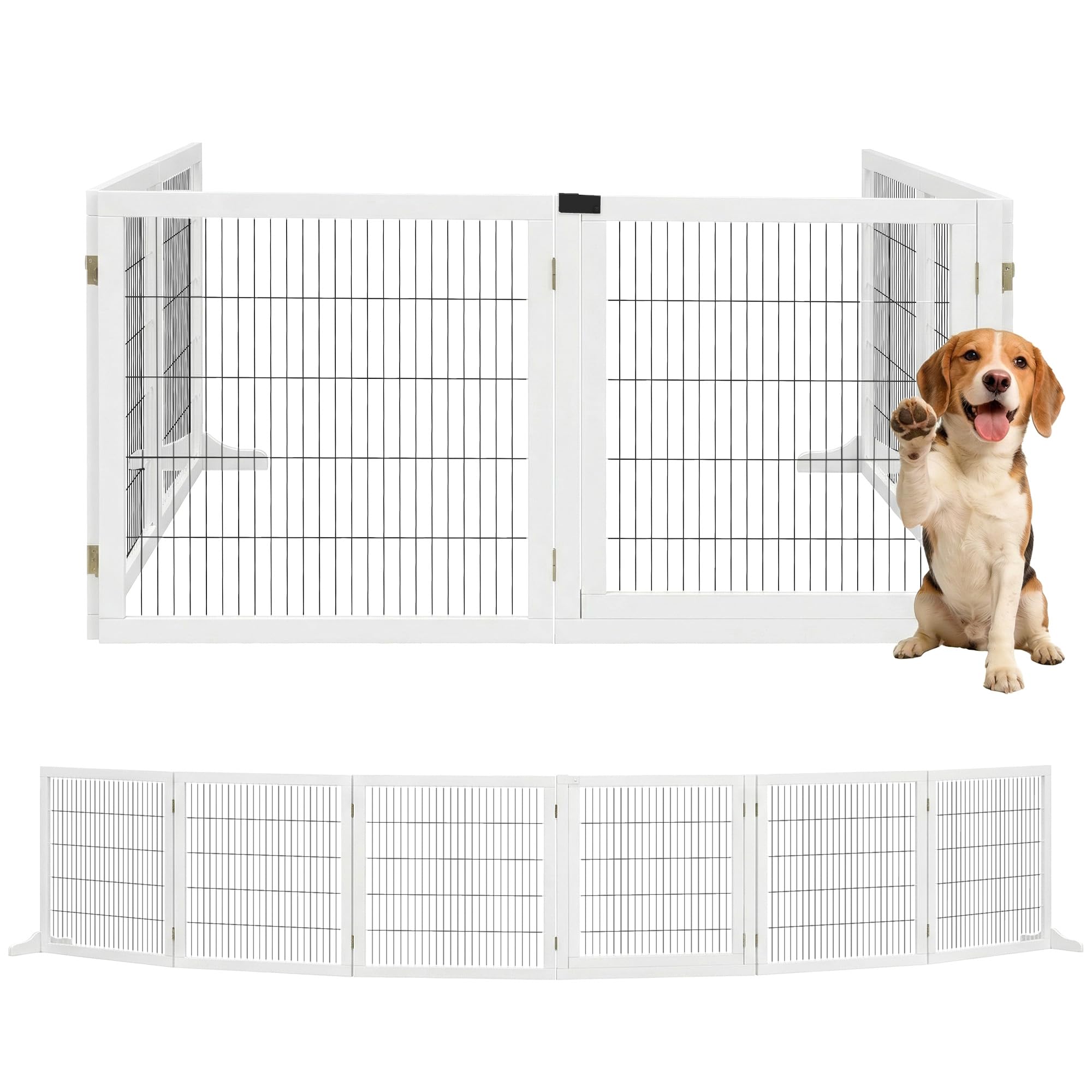 PawHut Barrera de Seguridad para Perros de Madera Plegable, para Escaleras y Puertas, Valla para Perros Pequeños y Medianos de 6 Paneles, con Soporte de Pie, para Interiores, 432x36x70 cm, Blanco