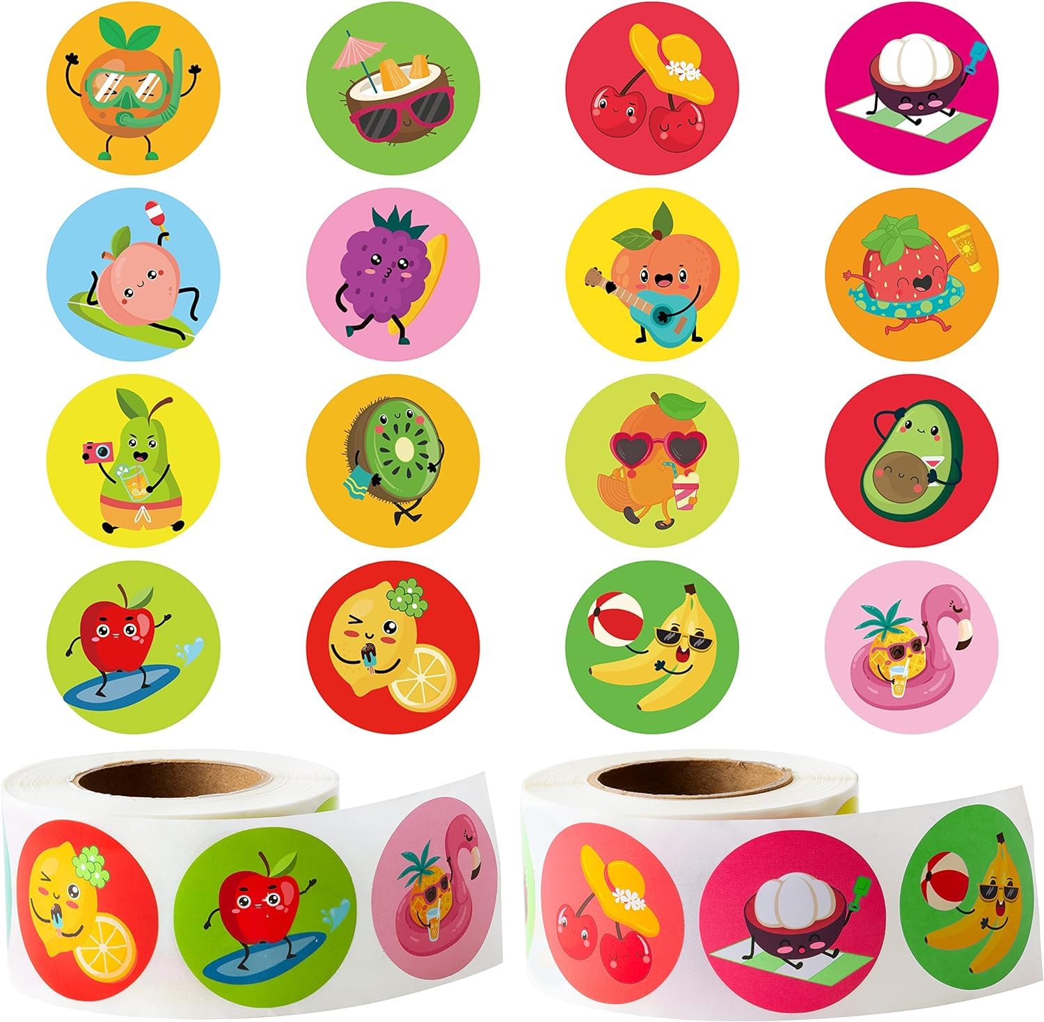 PANTIDE 1000pcs Fruit Sticker Rolls(2 rolls), 1.5*1.5 Inch 16 Design Cartoon Summer Theme Happy Fruit Stickers with Smile Face Self-Adhesive Decals Decorative Stickers for Kids Rewards Party Supplies