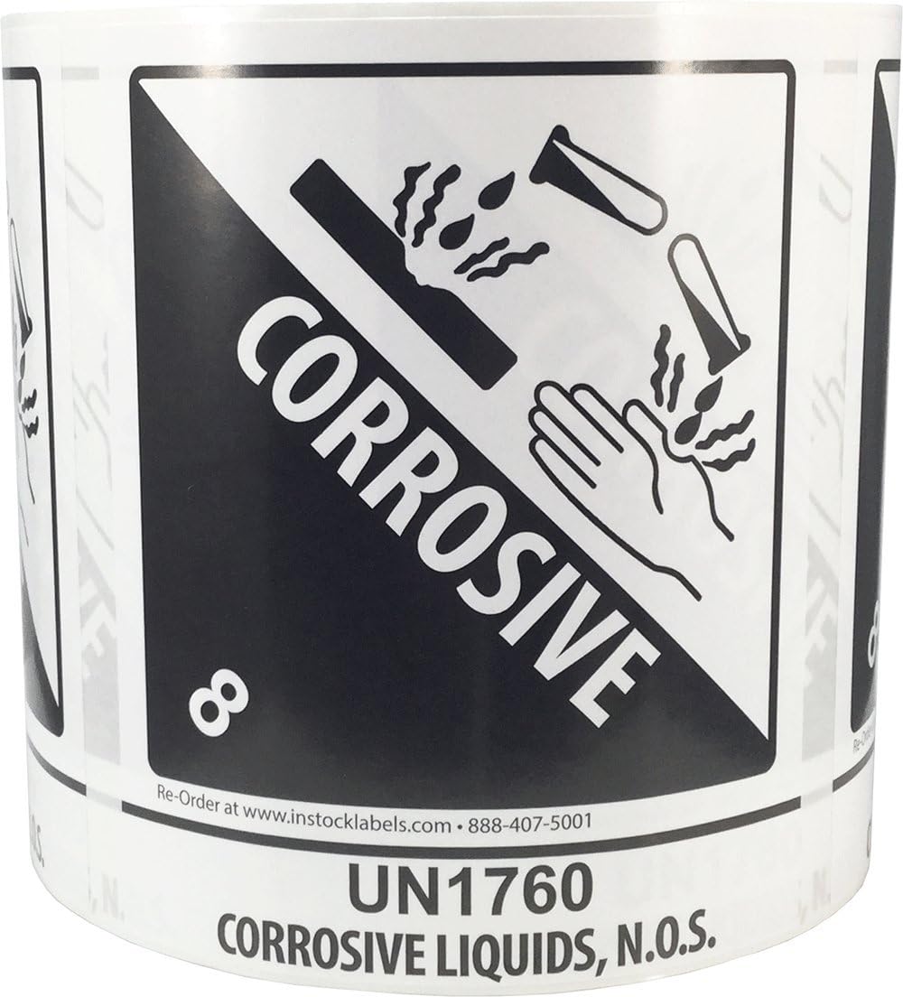 Hazard Class 8 D.O.T. UN1760 Corrosive Liquids N.O.S. Labels, 4 x 4 3/4 Inch Square Black and White Hazmat Stickers, 500 Adhesive Shipping Labels – Made in the USA