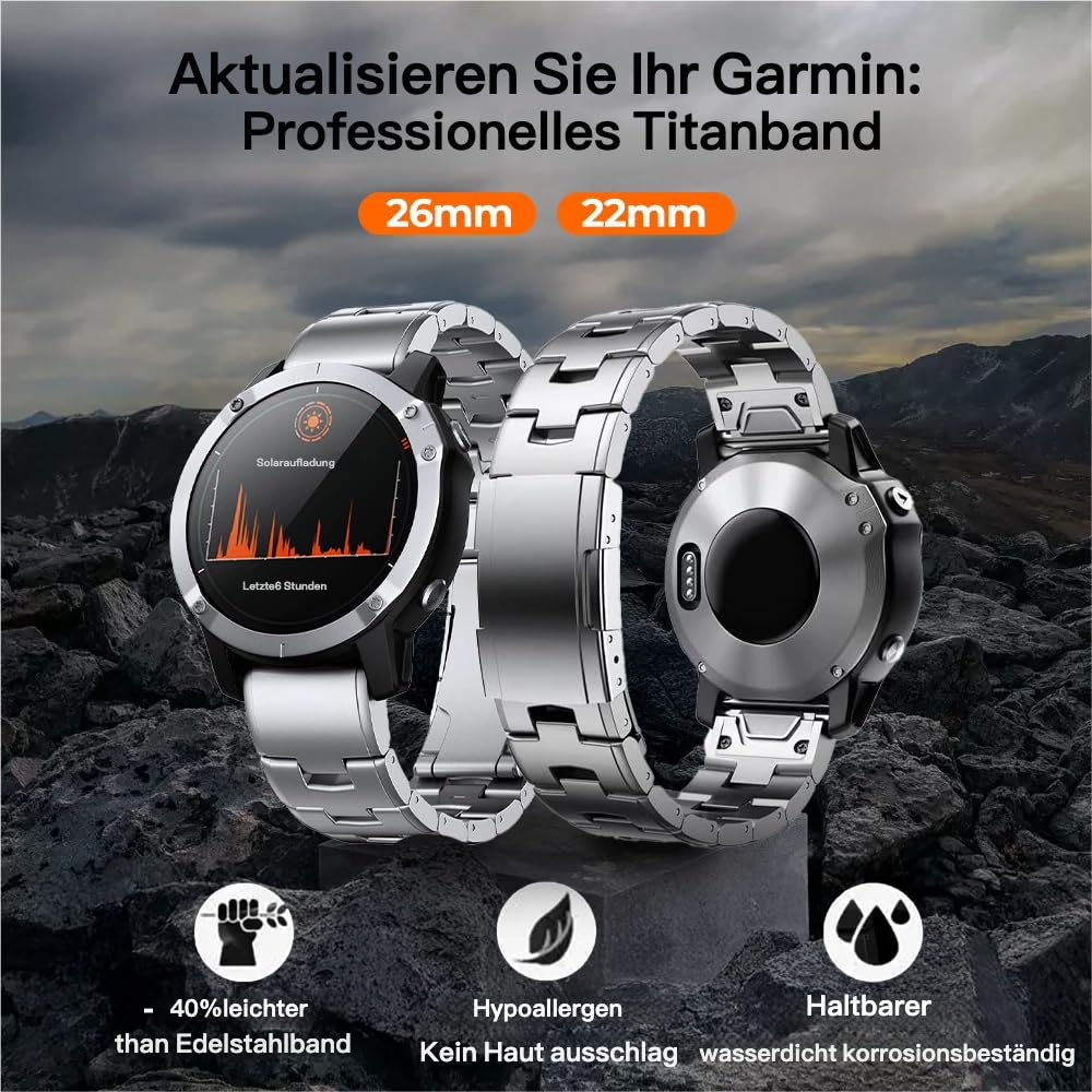 22mm 26mm Titan Metallarmband für Garmin/Fenix/Instinct/Forerunner | QuickFit,40% Leichter als Edelstahl,Hypoallergen,Handgelenkumfänge von 15,5 cm bis 22,6 cm,für Laufen und Outdoor-Sportarten